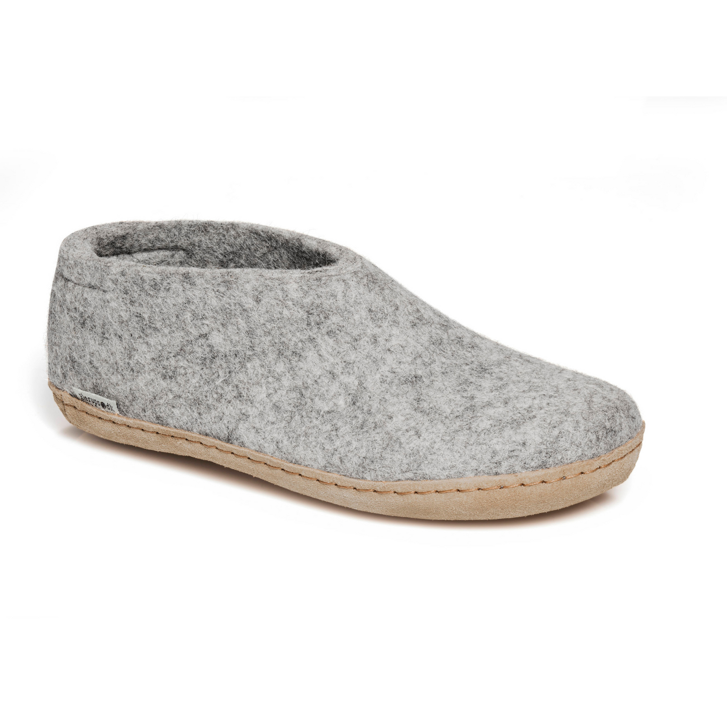 A felted light grey tall-back slipper pictured at a slight angle, showing part of the top front and side of the slipper. A tan leather sole lines the bottom of the shoe with a row of stitching.