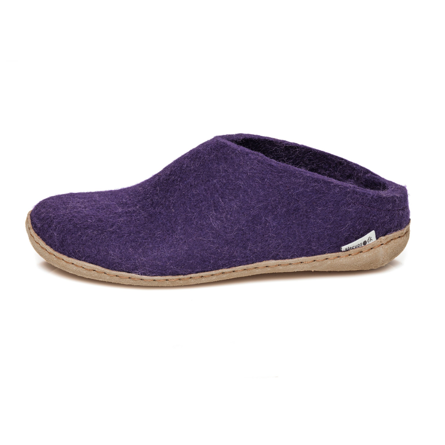 A deep purple felted slipper is pictured in profile showing the low back of the heel and the tan stitched leather sole.