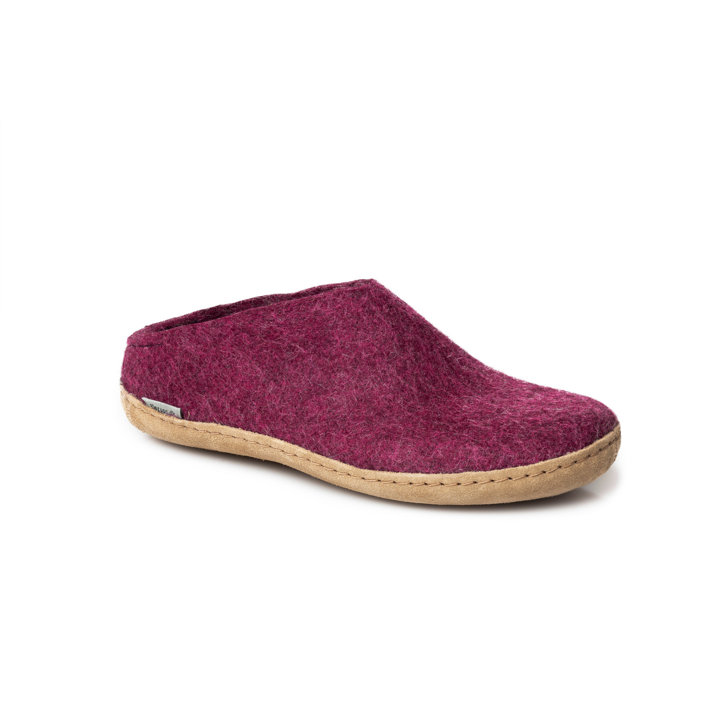 A felted deep-mauve slipper pictured at a slight angle, showing part of the top front and side of the slipper. A tan leather sole lines the bottom of the shoe with a row of stitching.