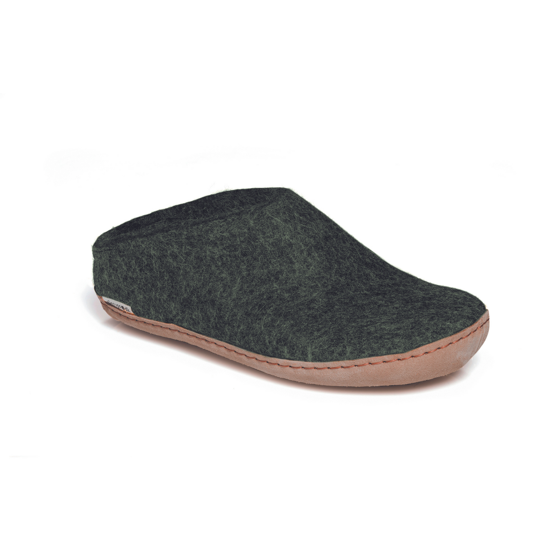 A felted dark green slipper pictured at a slight angle, showing part of the top front and side of the slipper. A tan leather sole lines the bottom of the shoe with a row of stitching.