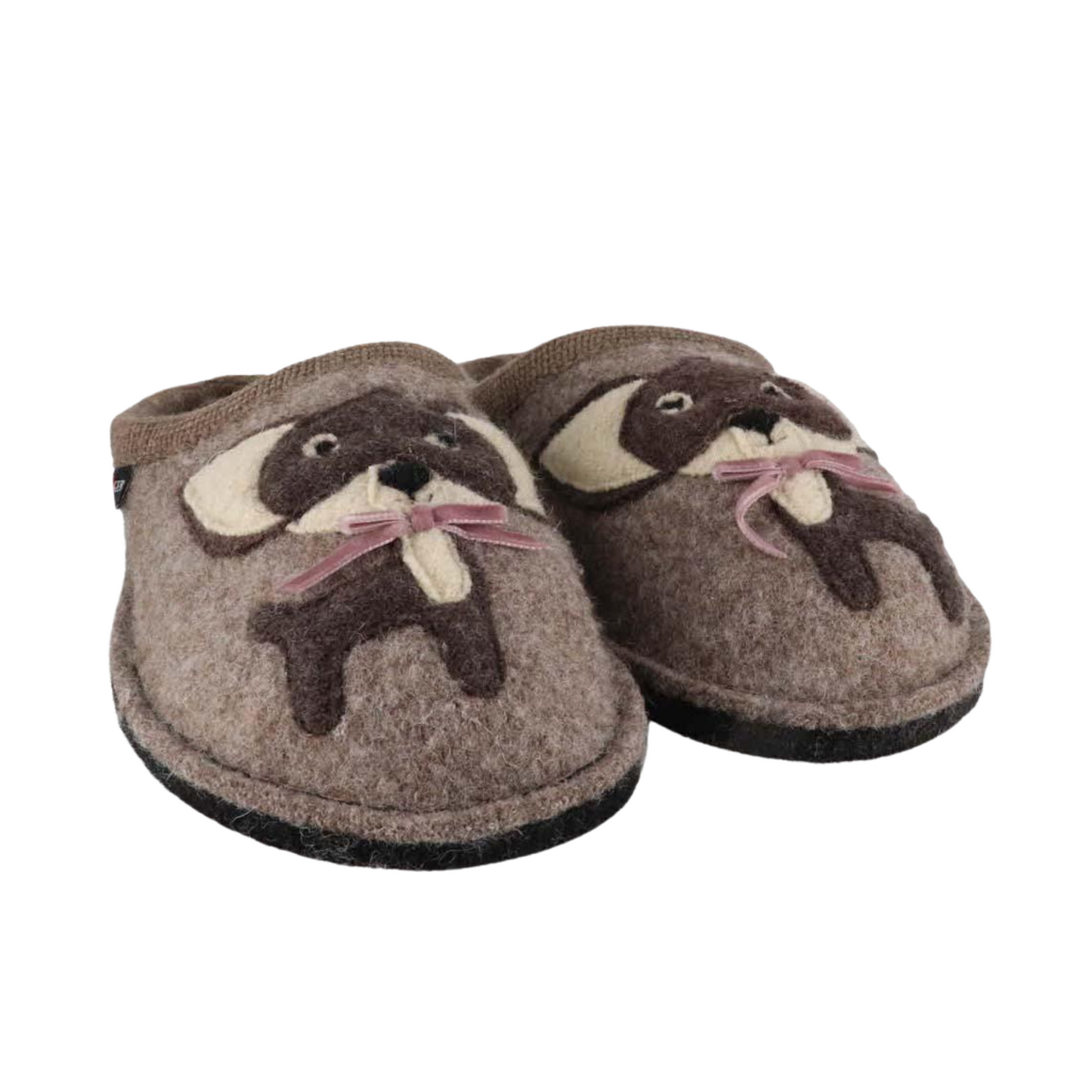 Two tan coloured wool slippers with chihuahua designs on the front.