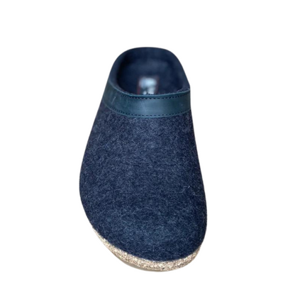 A front view of a black slipper with a cork base.