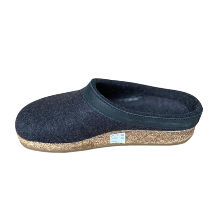A left side view of a black slipper with a cork base.