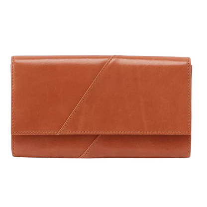 A rich honey-brown wallet is pictured with diagonal stitch detail along foldover front.