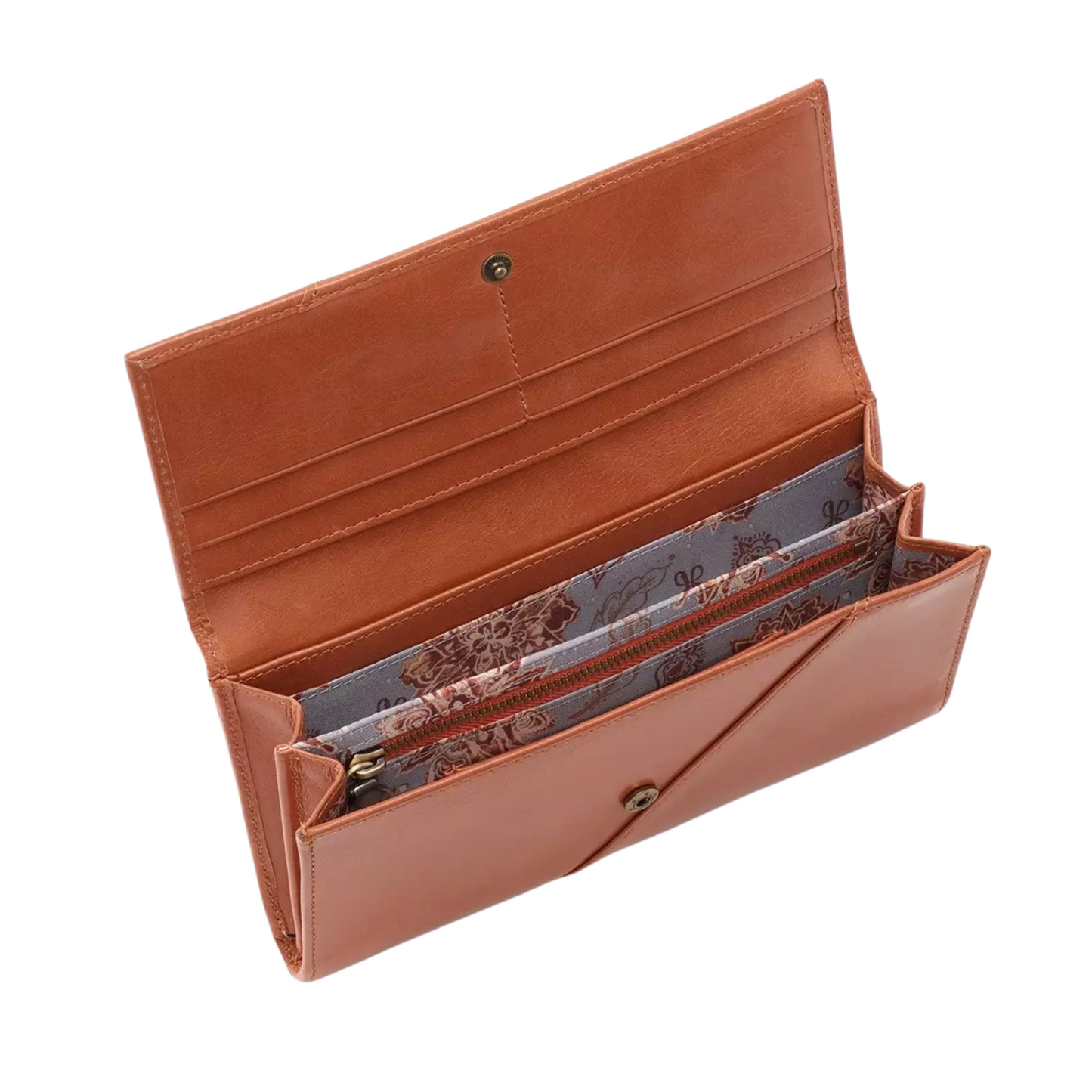 The interior of a honey brown accordion wallet with floral lined interior is pictured at an angle.