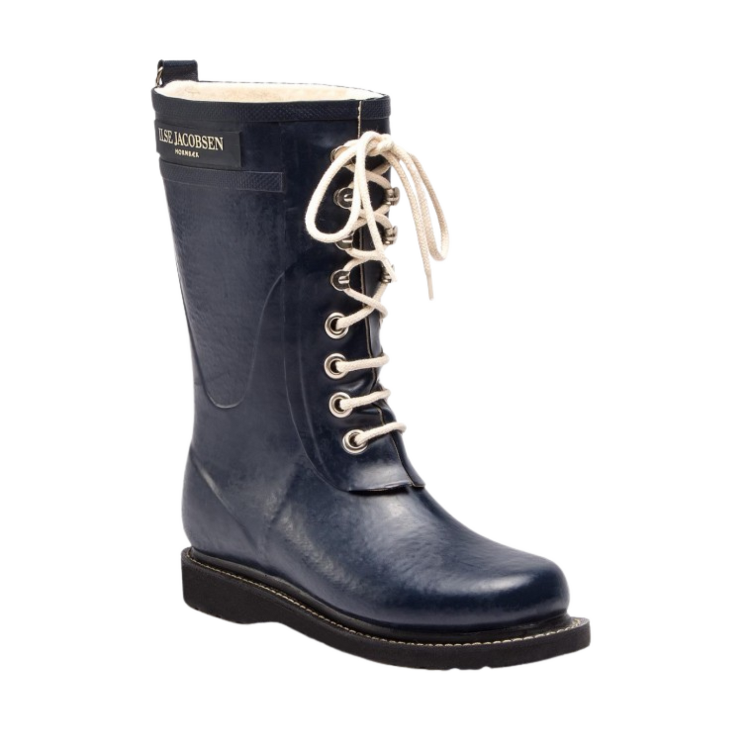 A right angle view of a navy rubber boot with white laces.