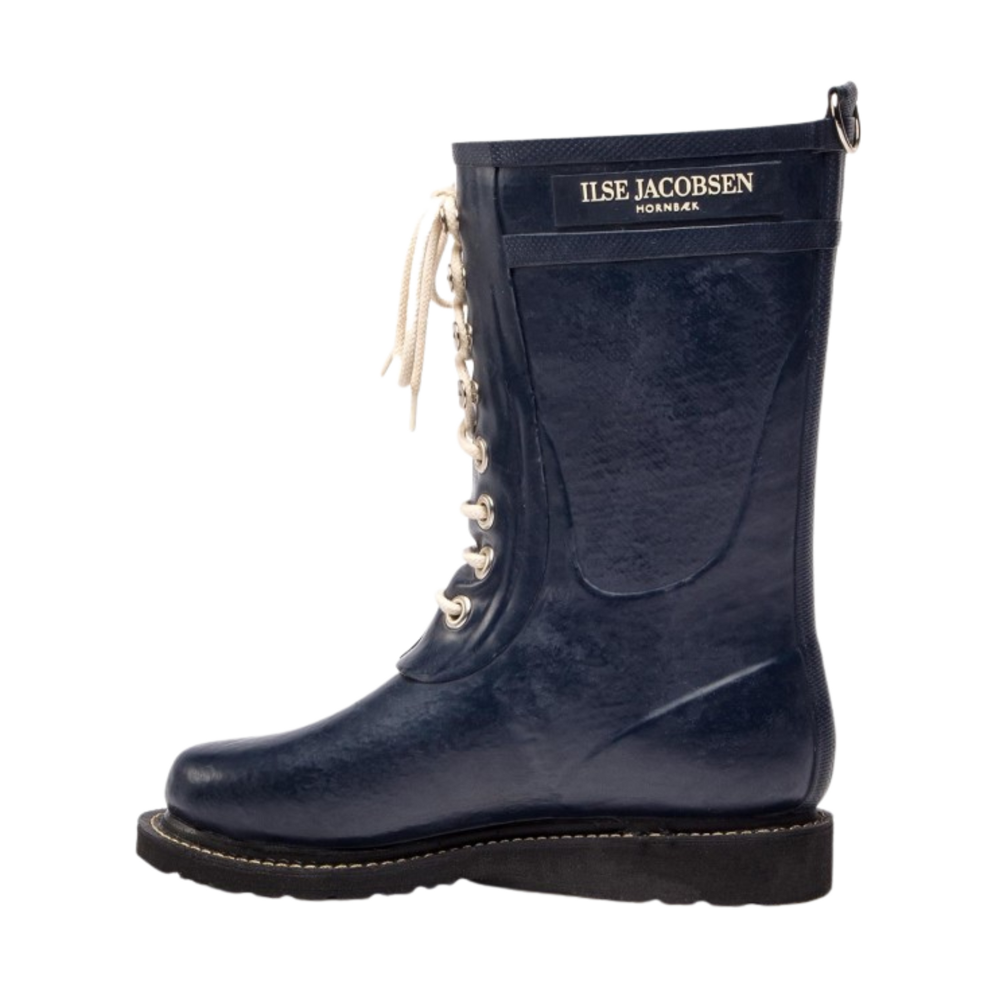 A left side view of a navy rubber boot with white laces.