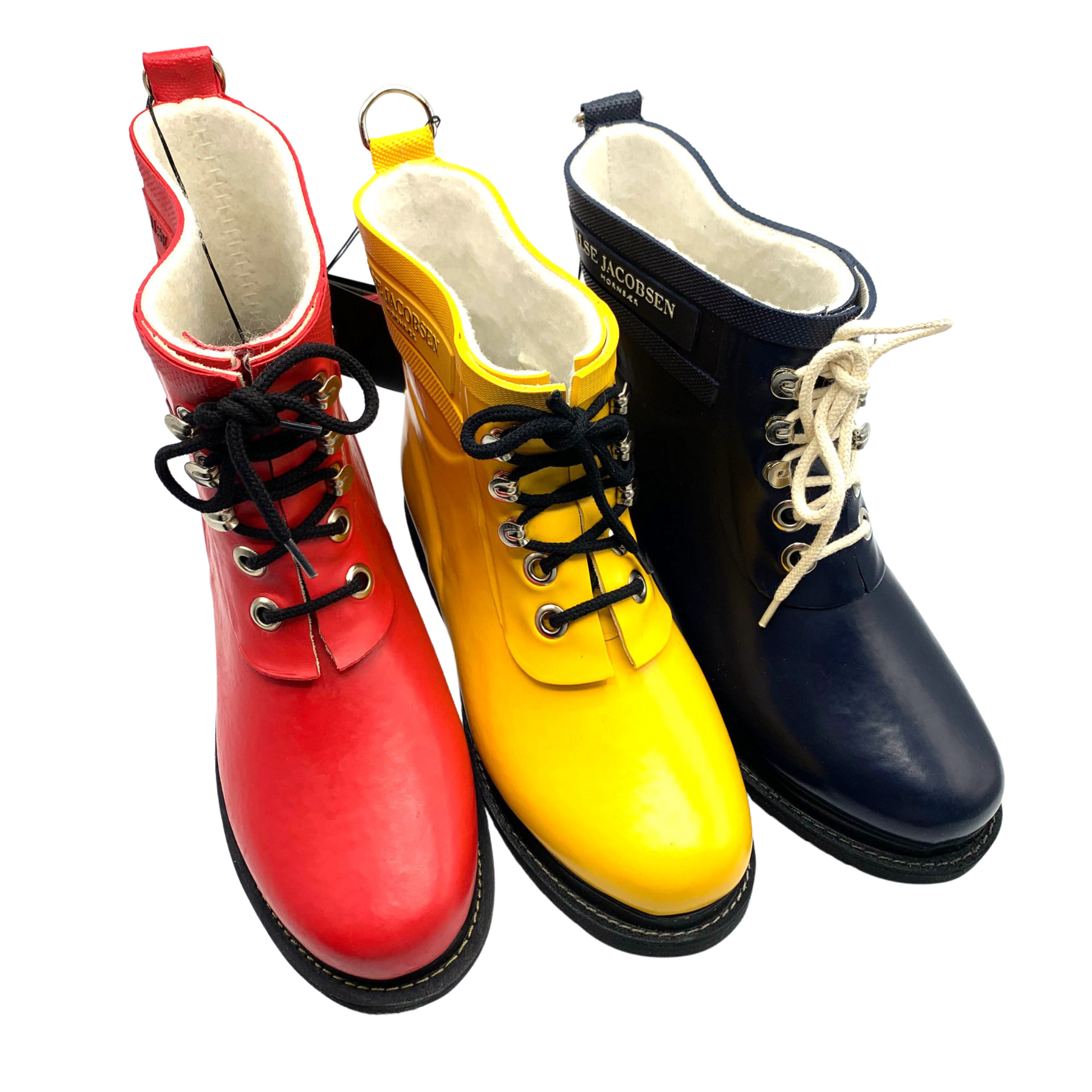 Three colourful rainboots, one red, one yellow, and one navy.