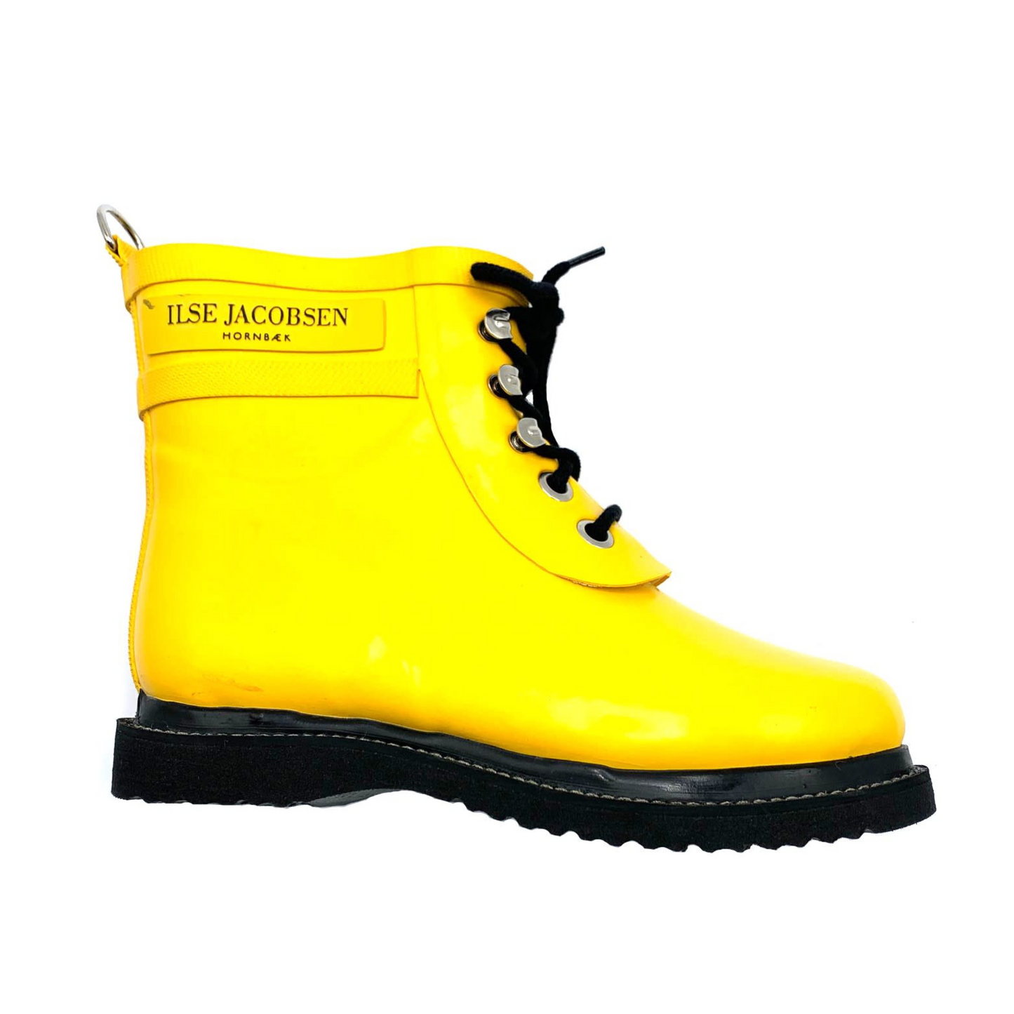 A right side view of a yellow rain boot with black details.