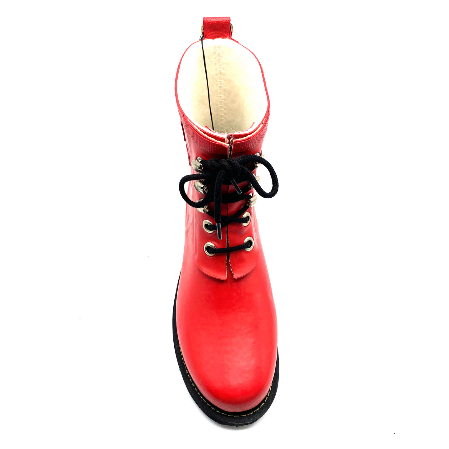 A front view of a red rainboot with black details.