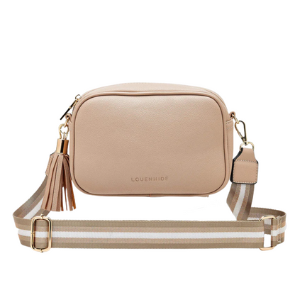 A cream beige small rectangular bag with tassle is pictured showing the front face. It has a beige, cream, and white shoulder strap.