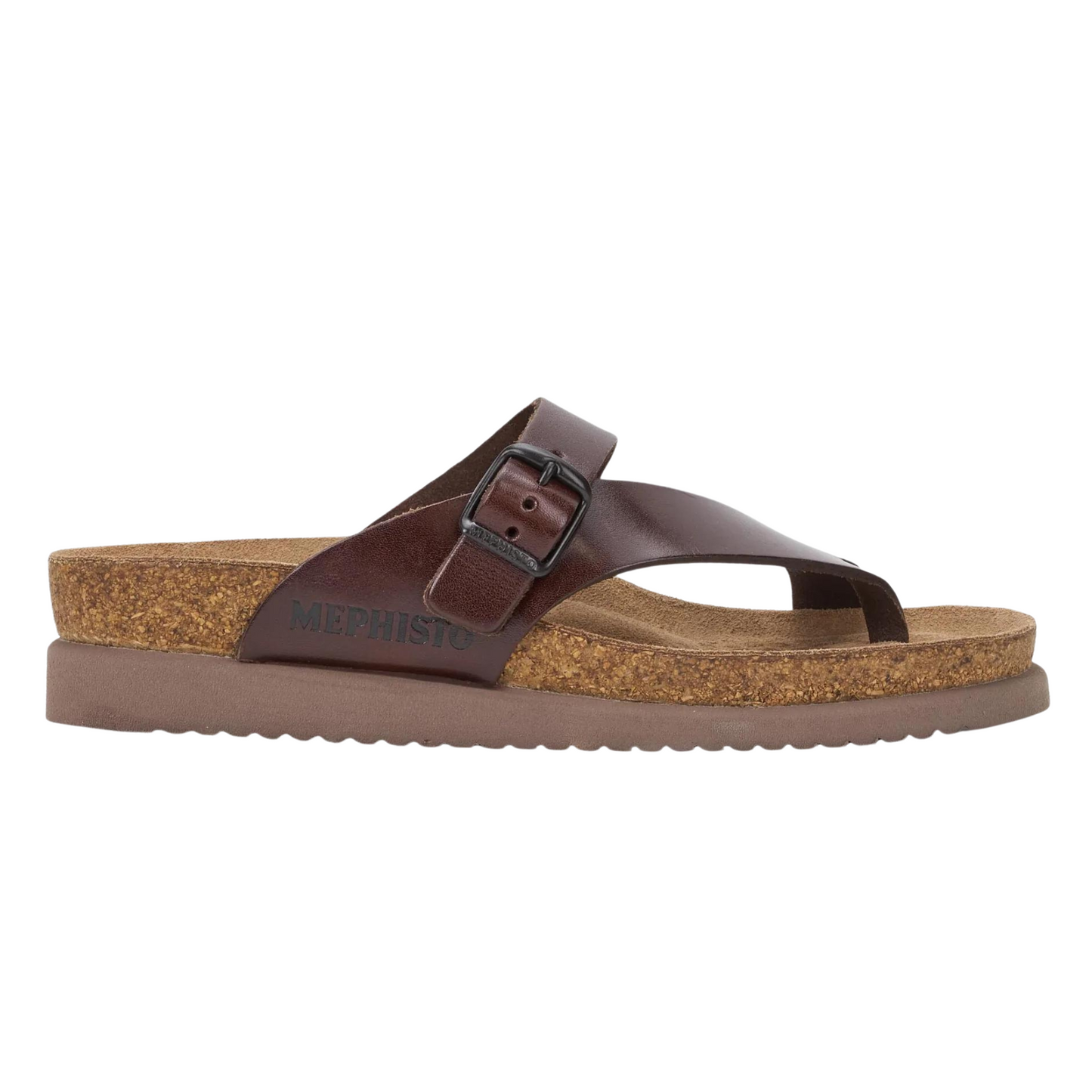 A right angle view of a cork sandal with a light brown outsole, dark brown leather straps and toe loop, and a dark metal buckle.