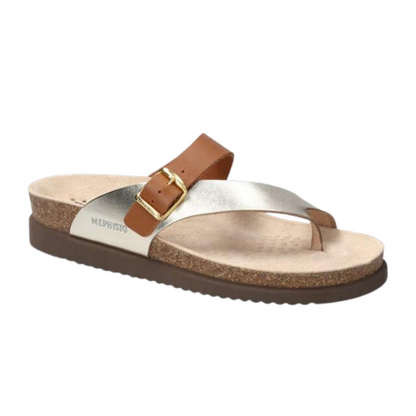 A right angle view of a cork sandal with a brown outsole, brown and shiny gold leather straps and toe loop, and a gold buckle.