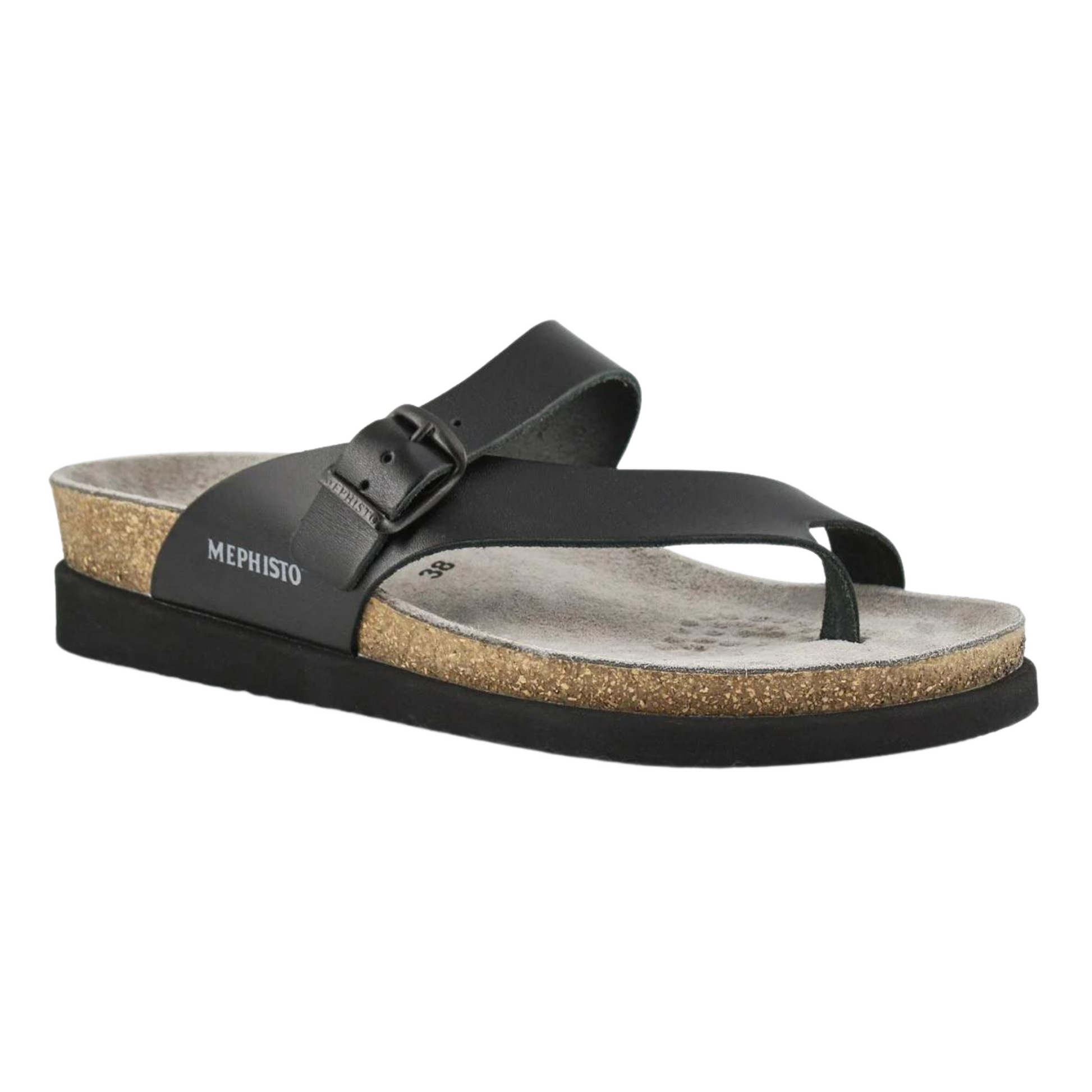 A right angle view of a cork sandal with a black leather strap and toe loop, with a black buckle and grey suede footbed.