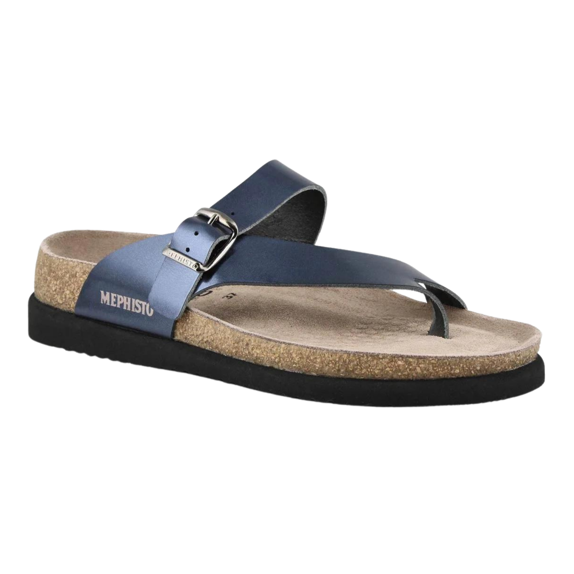 A right angle view of a cork sandal with a shiny navy leather strap and toe loop, silver buckle, and light brown suede footbed.