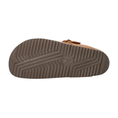 A bottom view of a cork sandal with a grippy brown outsole.