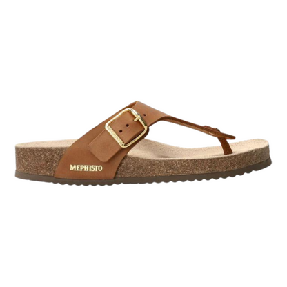 A right side view of a cork sandal with brown leather strap and gold buckle.