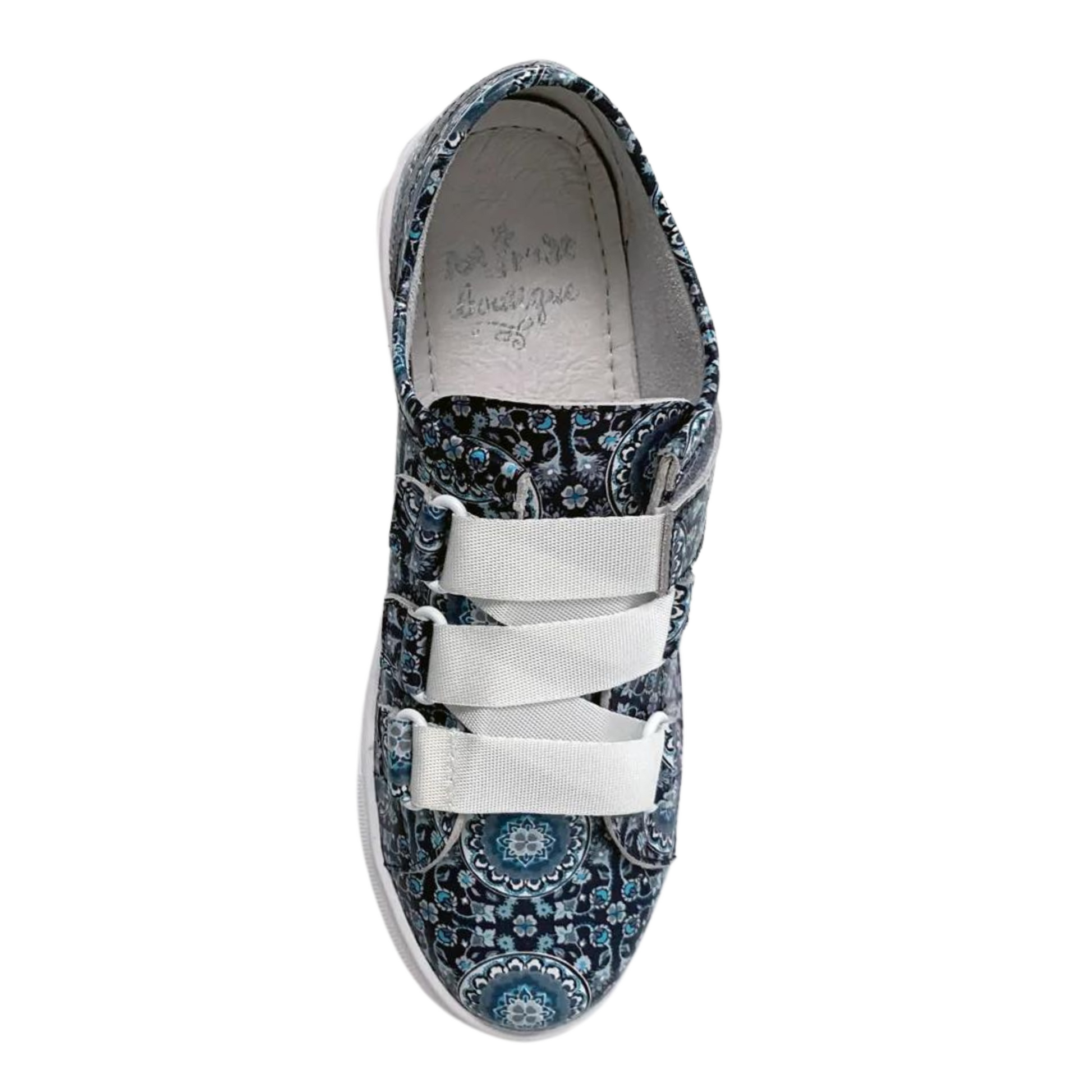 A top view of a blue patterned sneaker.