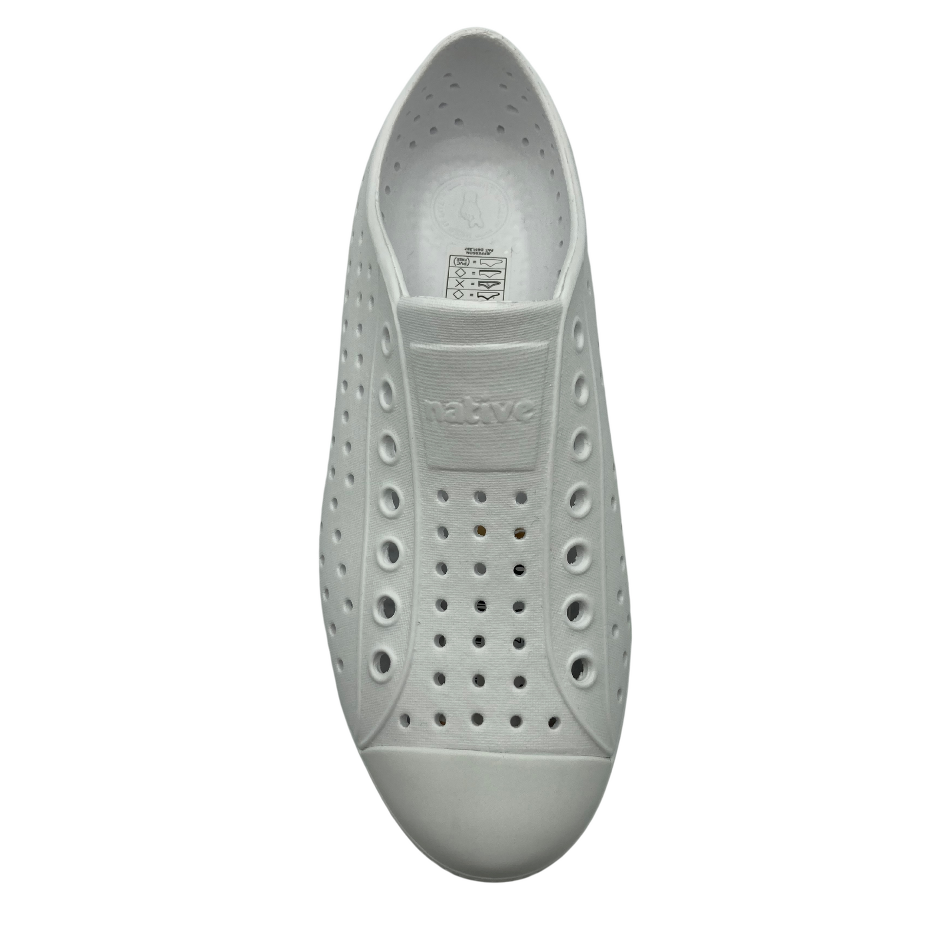 a white sneaker is pictured from above with small and large rows of perforations, a plain solid toe box and box with the brands name - "native" - on the tongue.