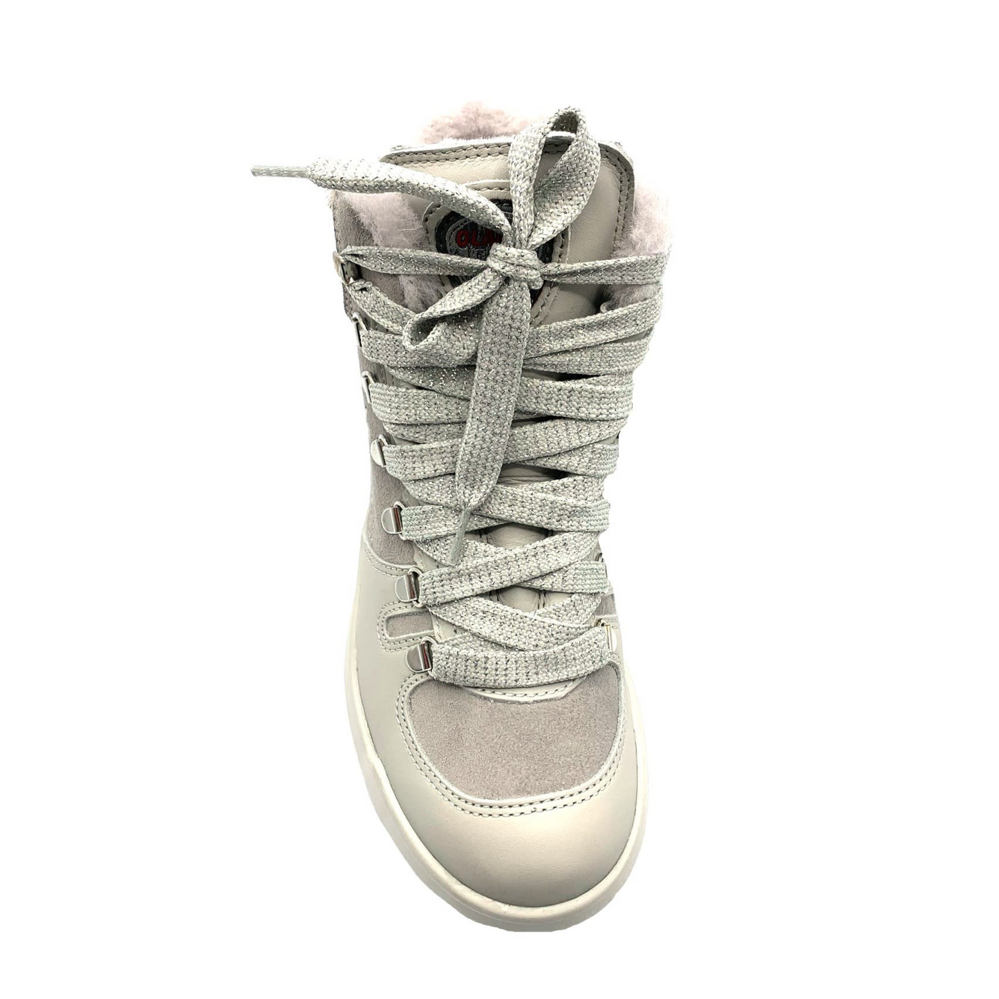 A front view of a light grey lace-up boot.