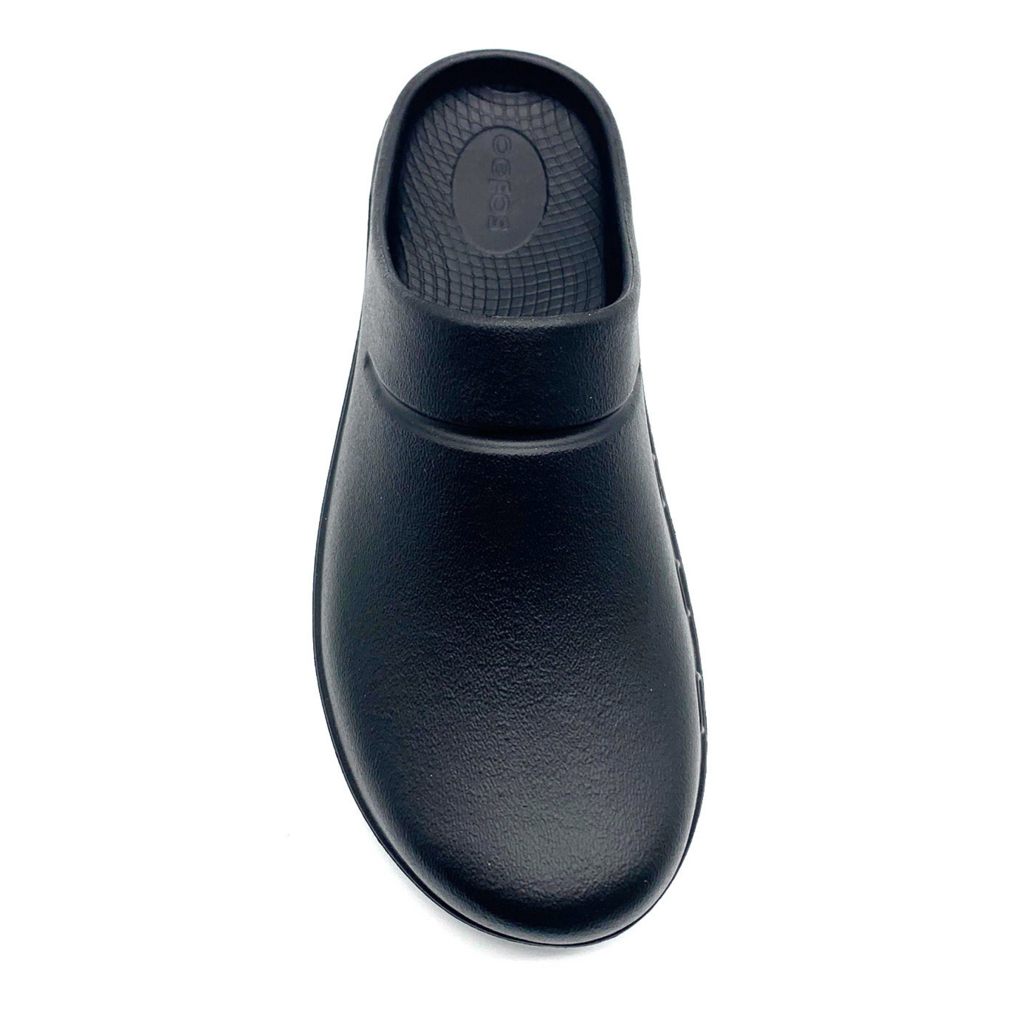 The front of the black clog is pictured showing a slight band of relief around the top ankle.