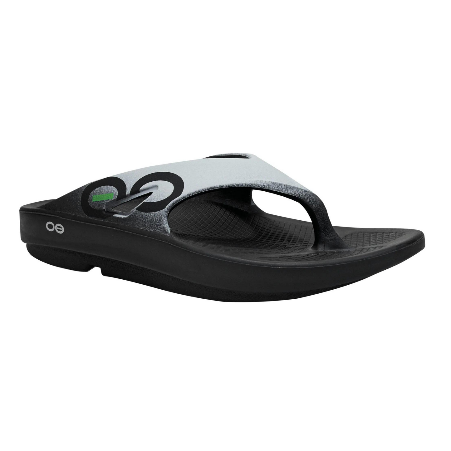 Flip flop with thick arched black sole to ombré light grey upper. 
