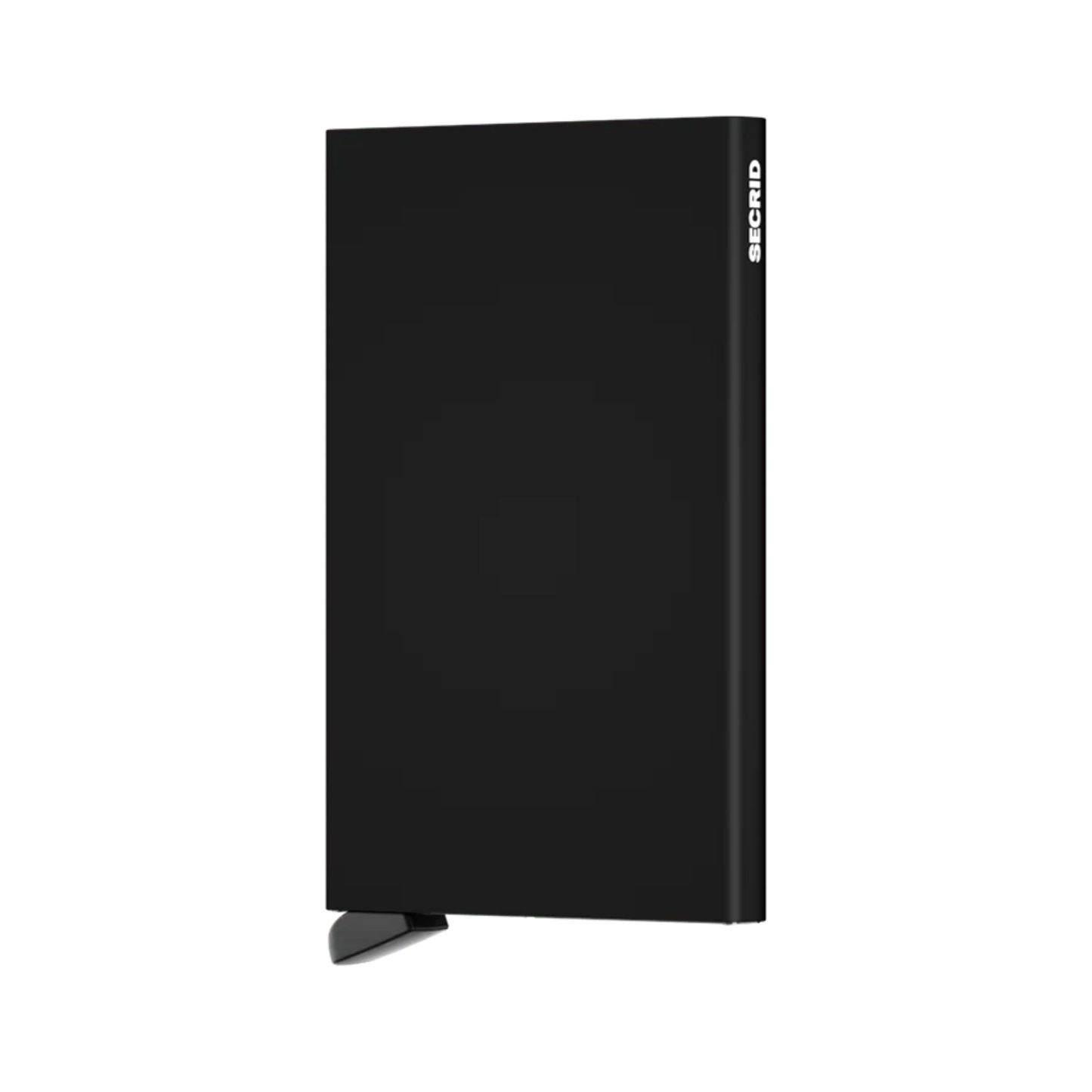 Metallic black rectangular wallet with black bottom tab and small white logo on side.
