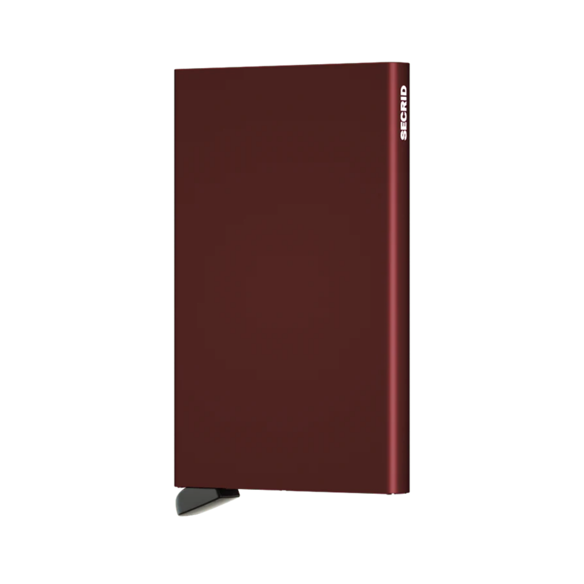 Metallic burgundy rectangular wallet with black bottom tab and small white logo on side.