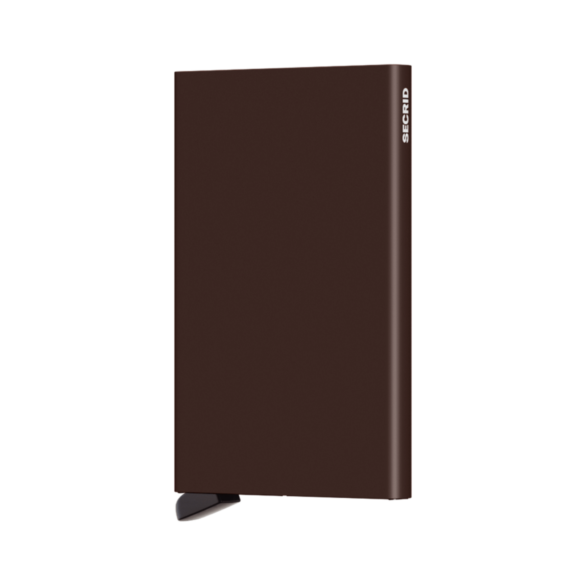 Metallic dark brown rectangular wallet with black bottom tab and small white logo on side.