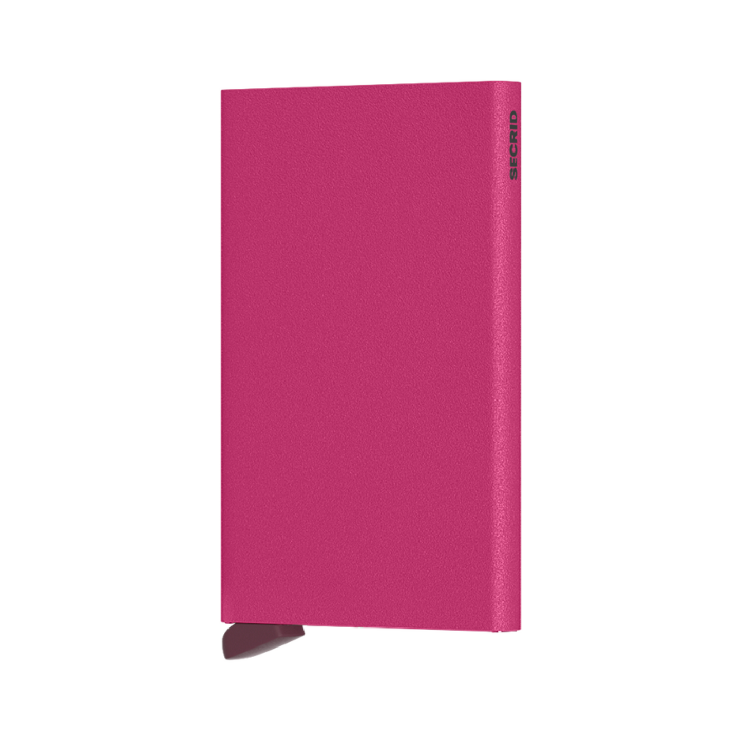 Textured pink rectangular wallet with maroon bottom tab and small grey logo on side.