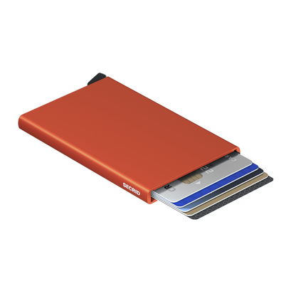 Metallic orange wallet is laying on its side with 6 cards shown in the holder. It has a black bottom tab and small white logo on side.