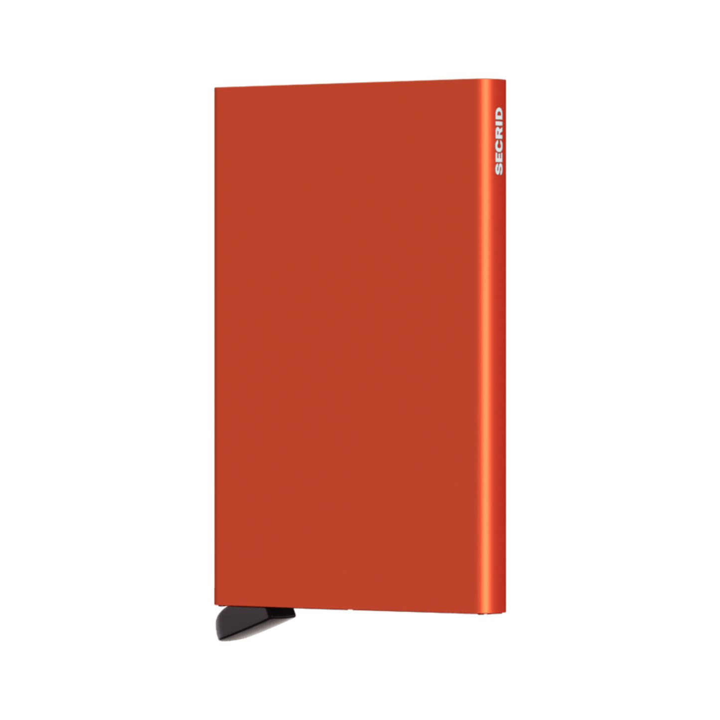 Metallic orange rectangular wallet with black bottom tab and small white logo on side.