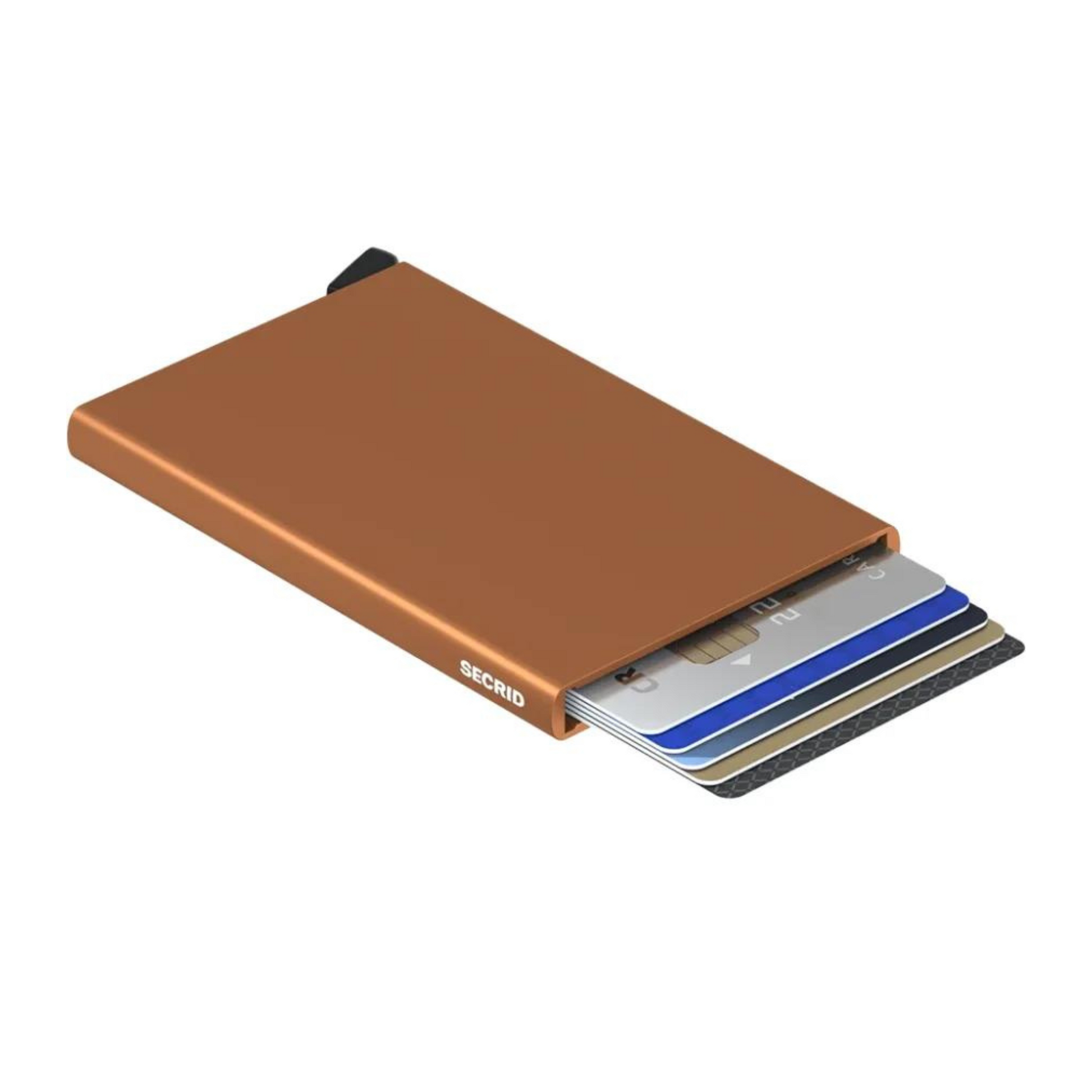 Metallic light brown wallet is laying on its side with 6 cards shown in the holder. It has a black bottom tab and small white logo on side.