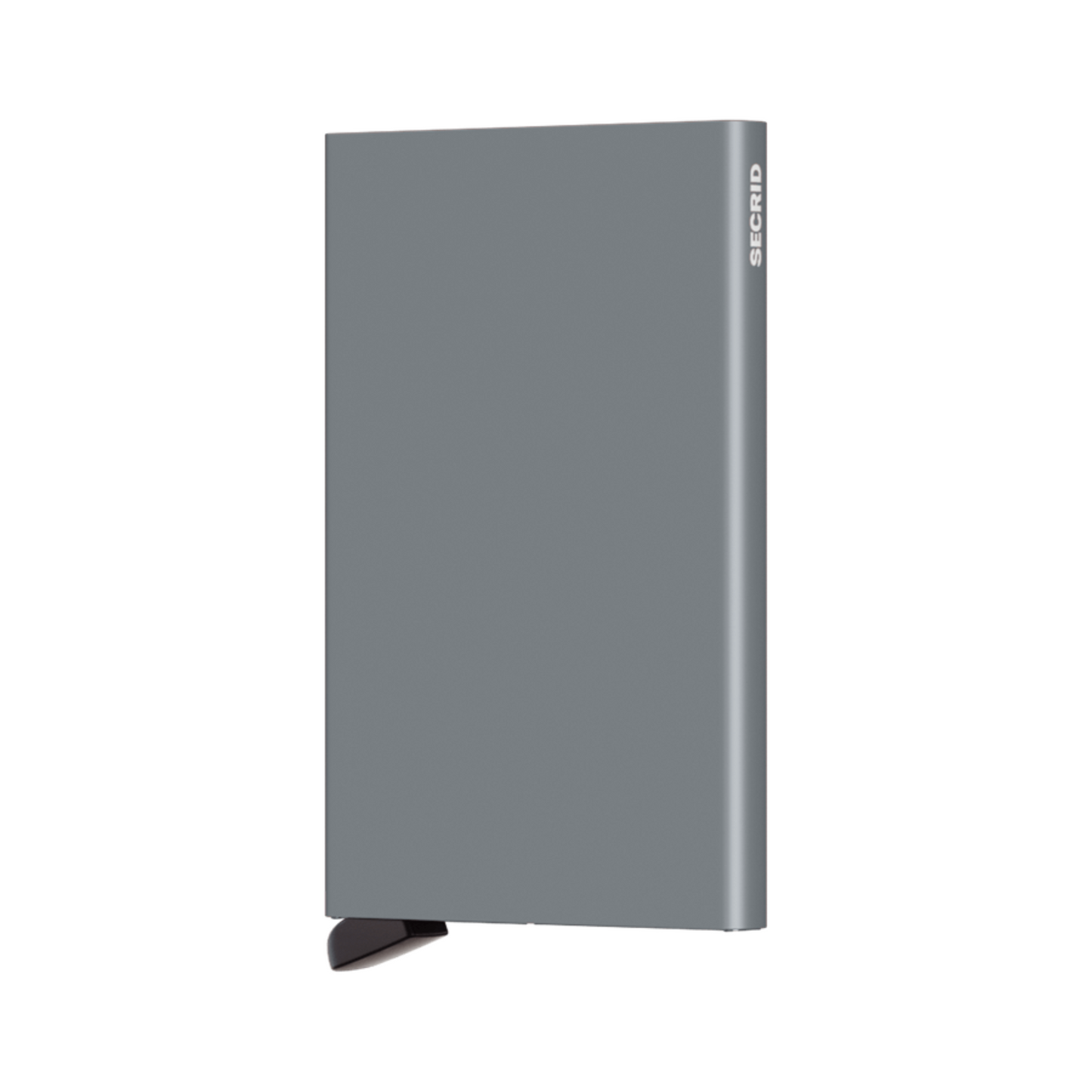 Metallic silver grey rectangular wallet with black bottom tab and small white logo on side.