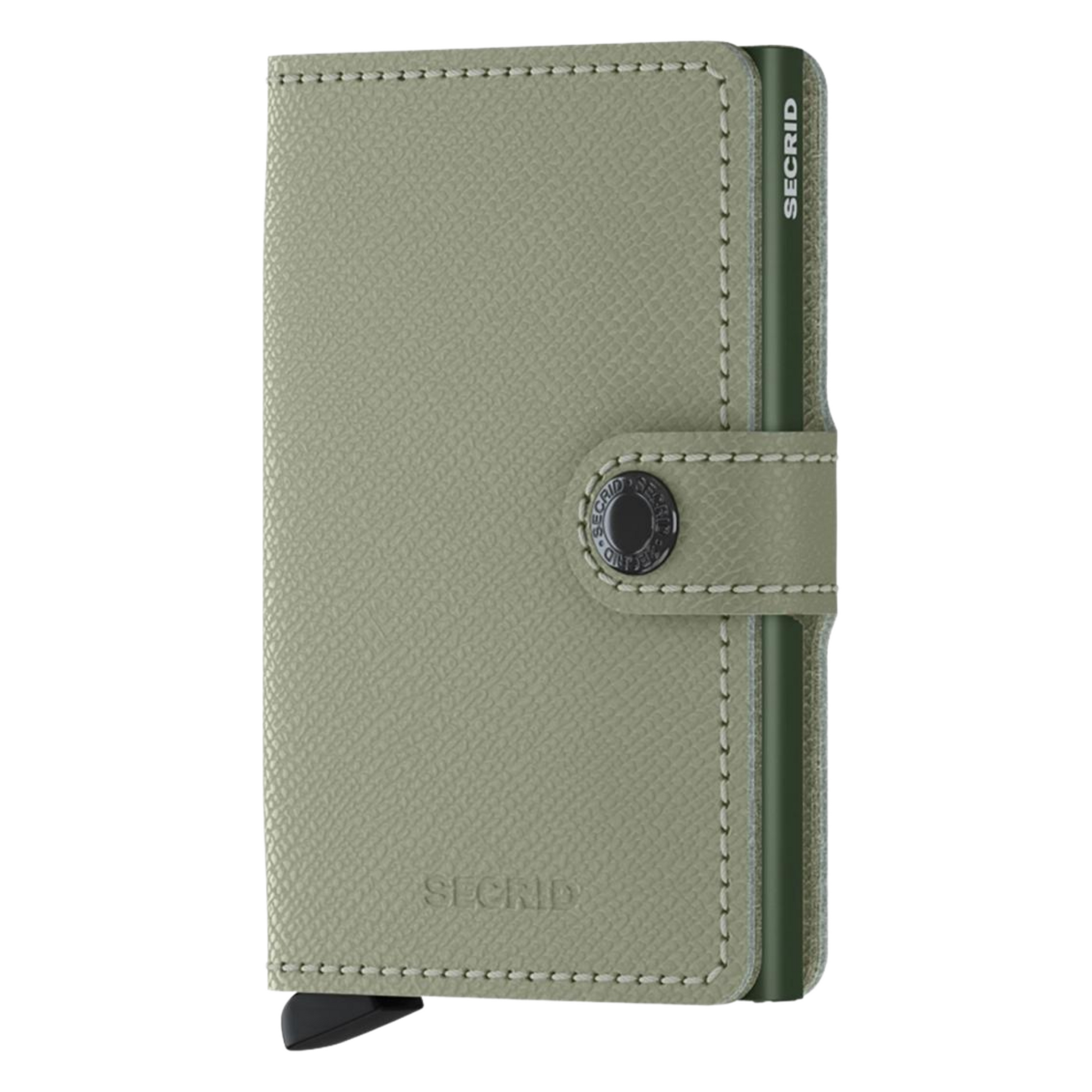 A green textuerd wallet is pictured with green metallic inner cardholder and a button closure.
