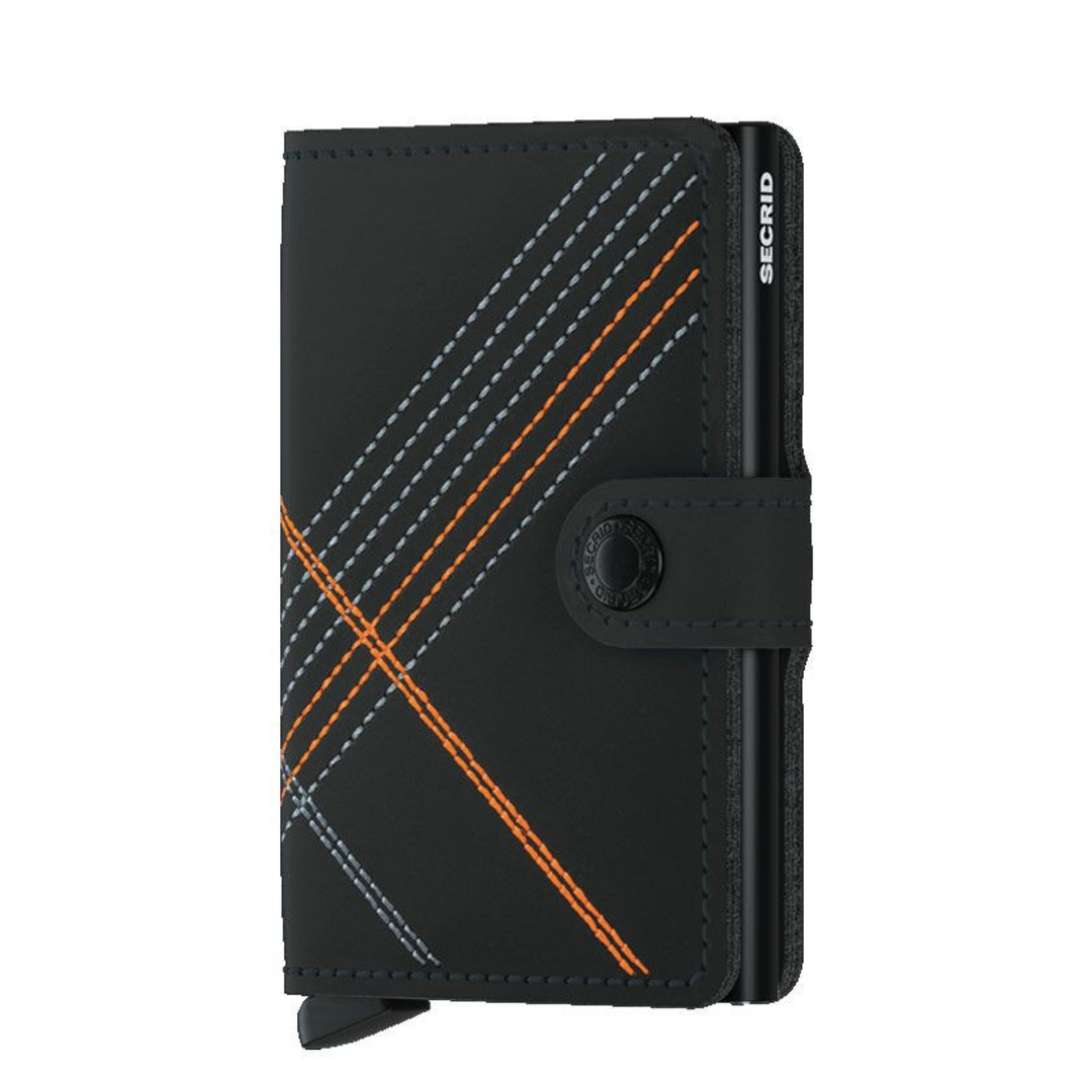 A photo of the wallet in the colour linea orange. This photo shows the unique stiching of the wallet and the strap securing the wallet closed.  