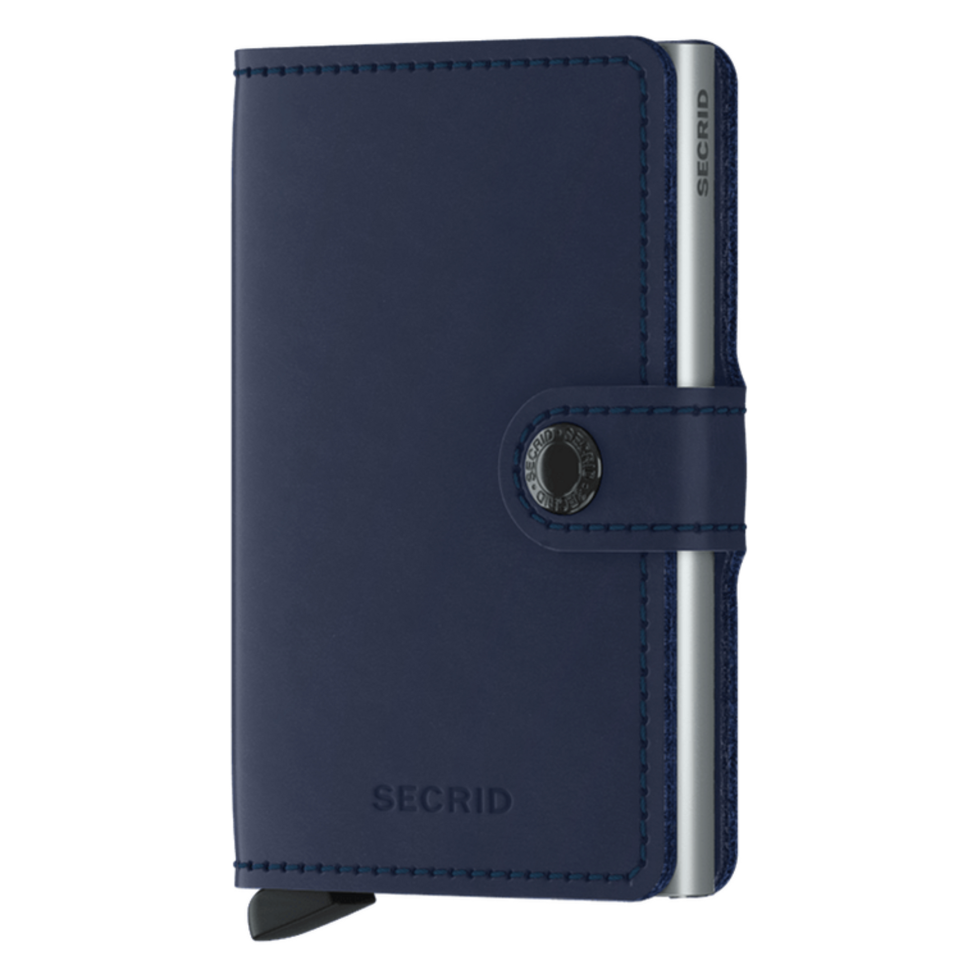 A navy wallet is pictured with silver metallic inner cardholder and a button closure.