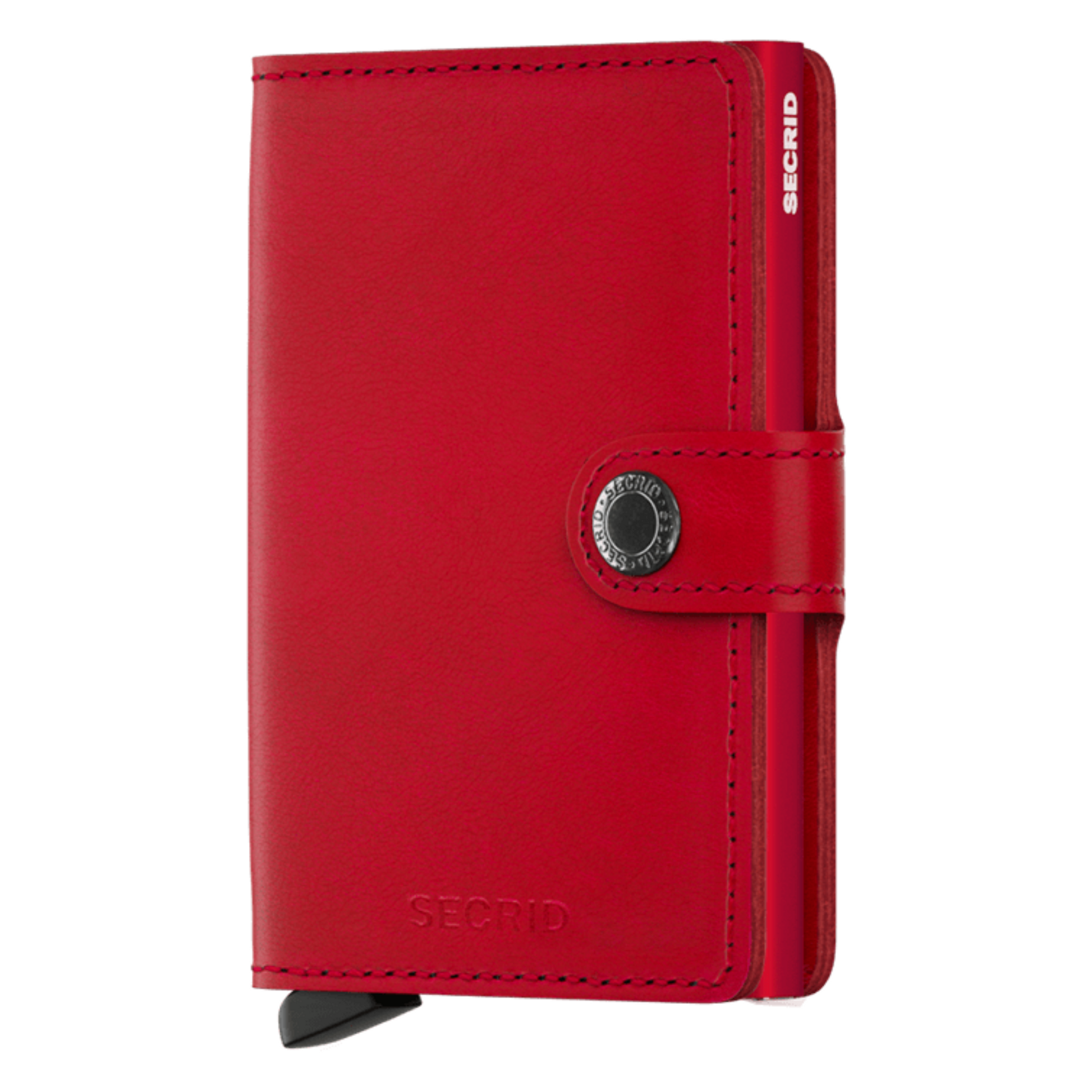 A red wallet is pictured with red metallic inner cardholder and a button closure.