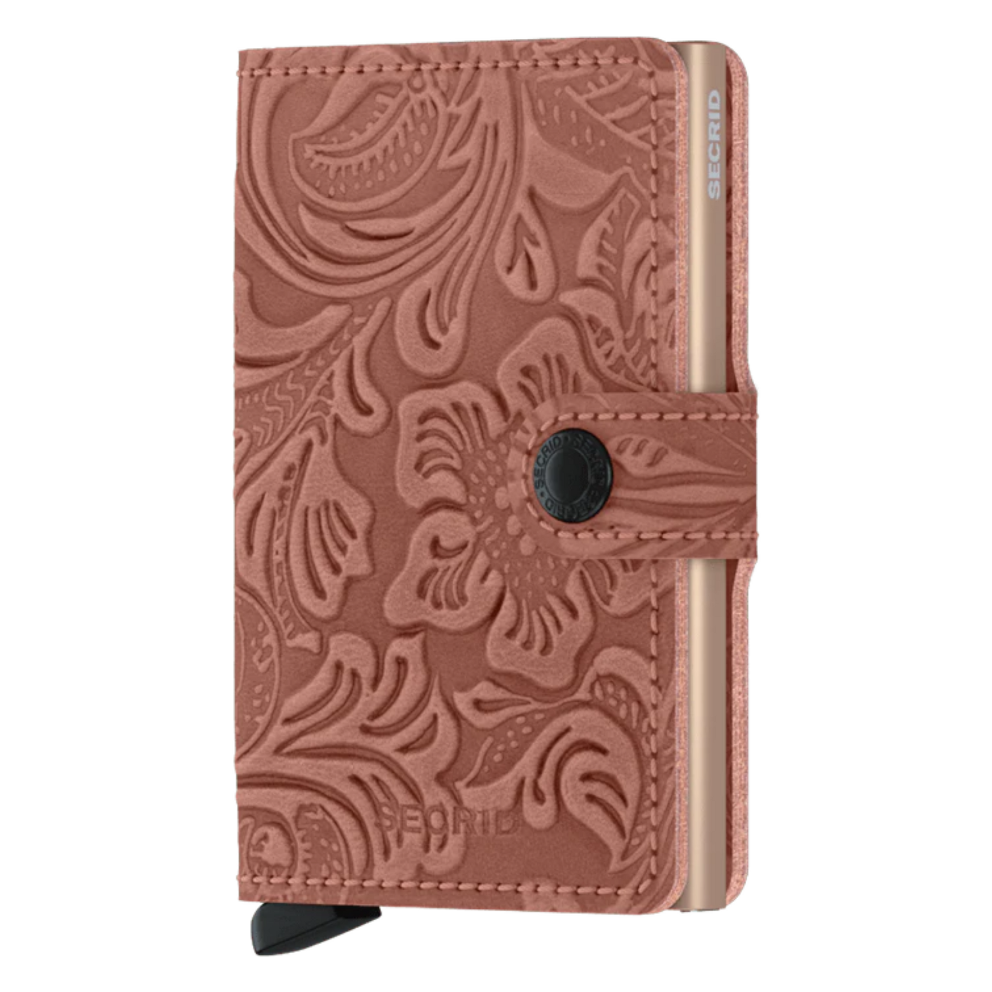 A floral embossed pink wallet is pictured with peach metallic inner cardholder and a button closure.