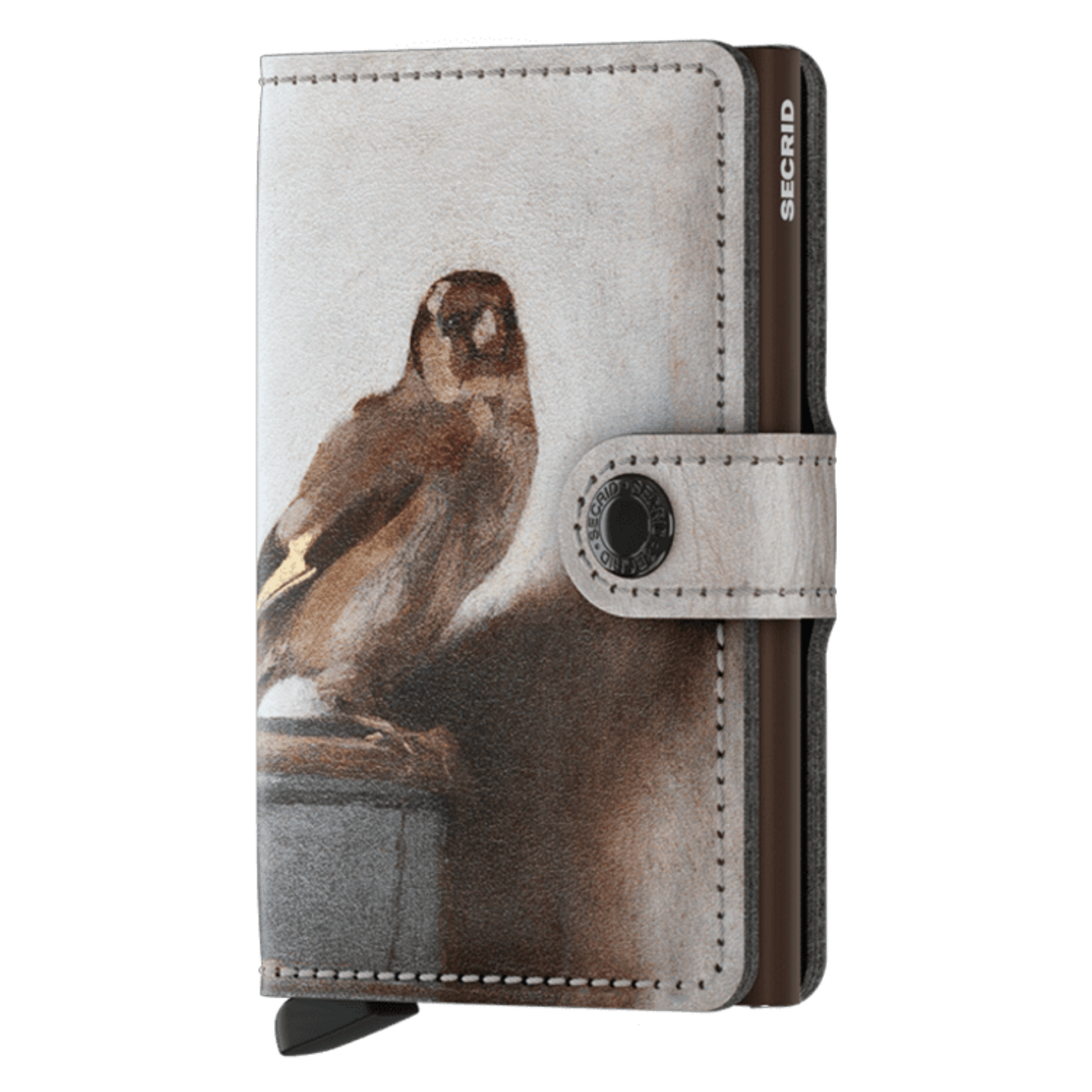 A wallet featuring Fabritius's "The Goldfinch" is pictured with brown metallic inner and beige grey button closure.