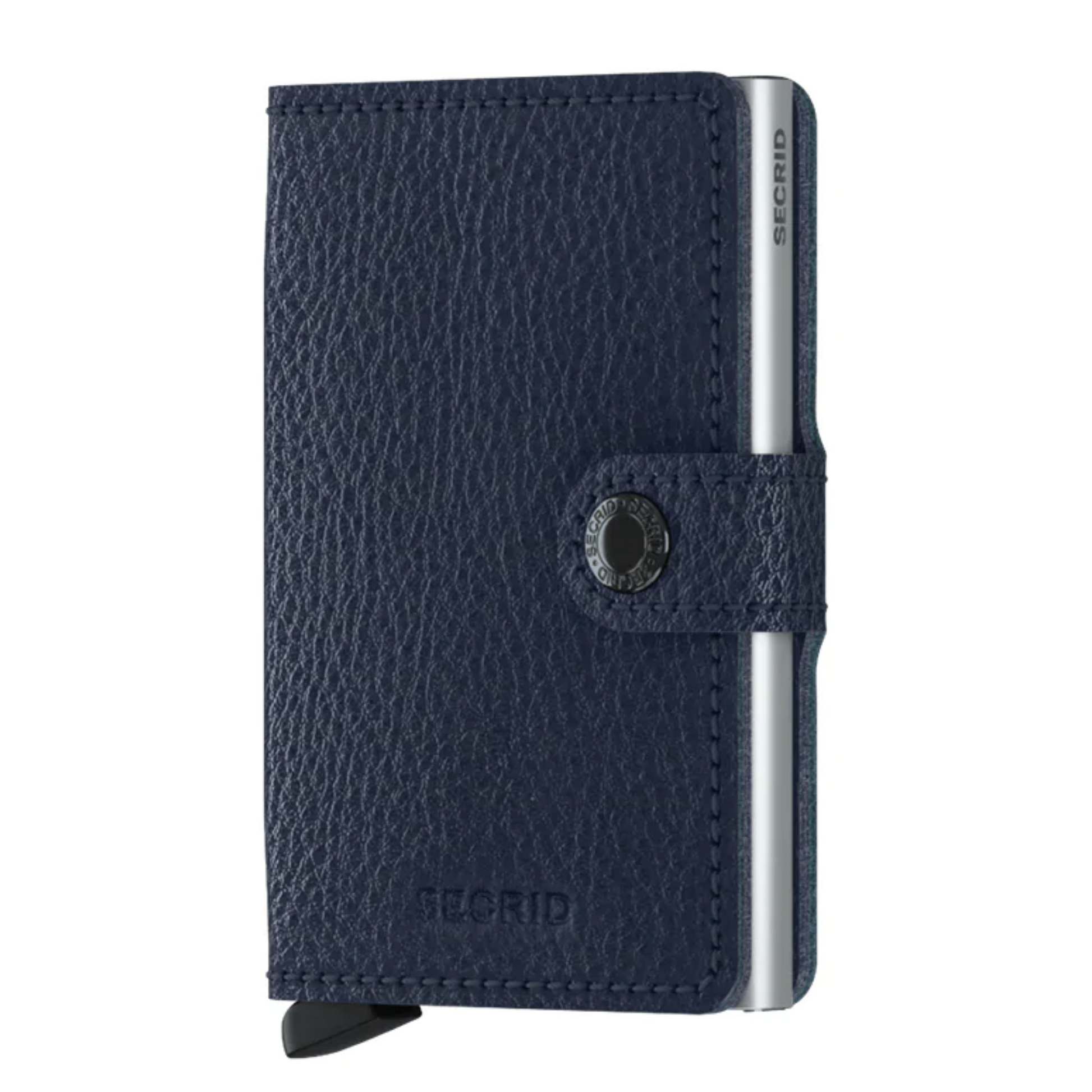 This is a photo of the wallet in the color veg silver navy. This photo shows the leather texture of the wallet and the strap to secure it shut.