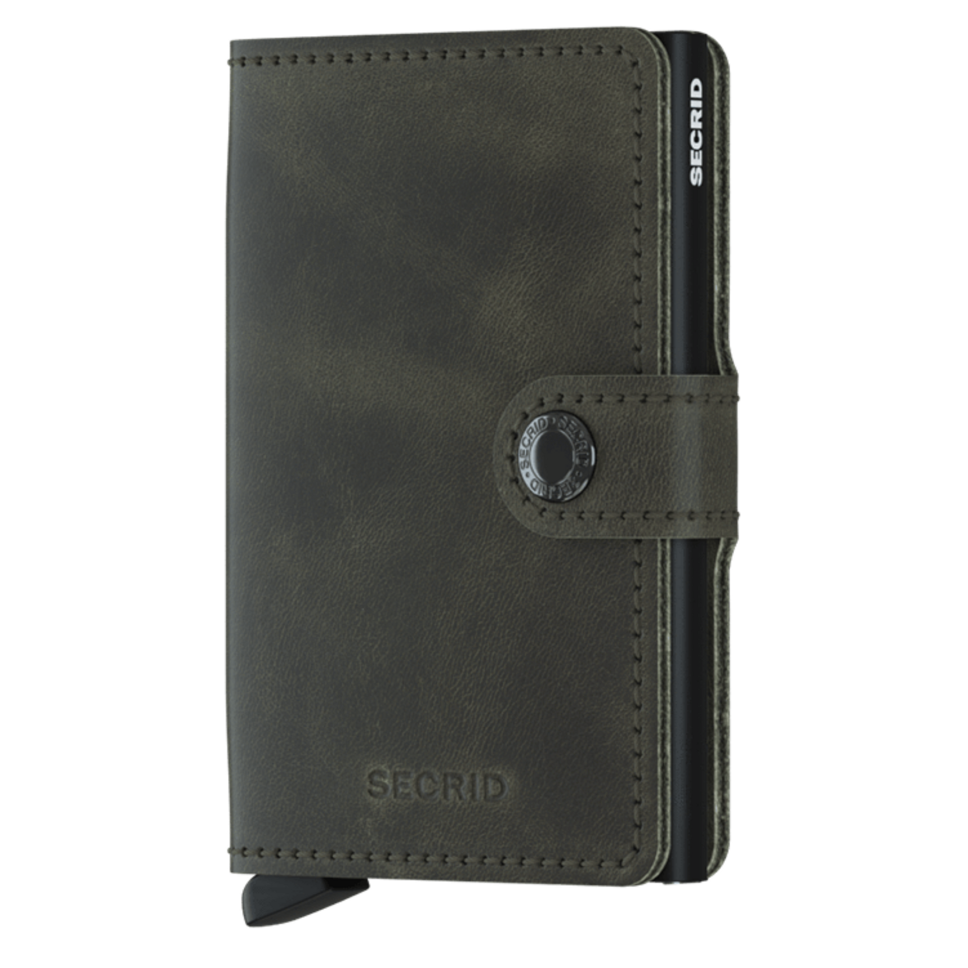 A dark green aged wallet is pictured with black metallic inner cardholder and a button closure.