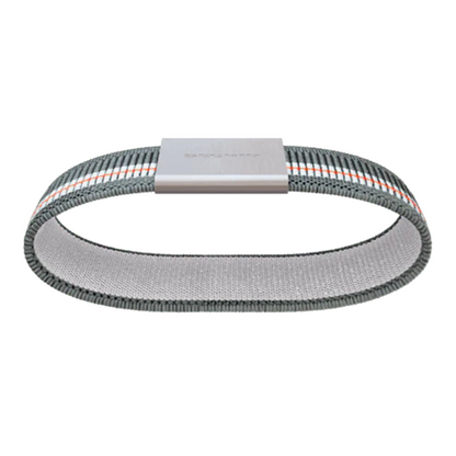 the bottom and inner of the elastic band is shown. The inner part is grey while the outter is a stripped blue-grey, light blue, orange combination with silver metal square buckle.