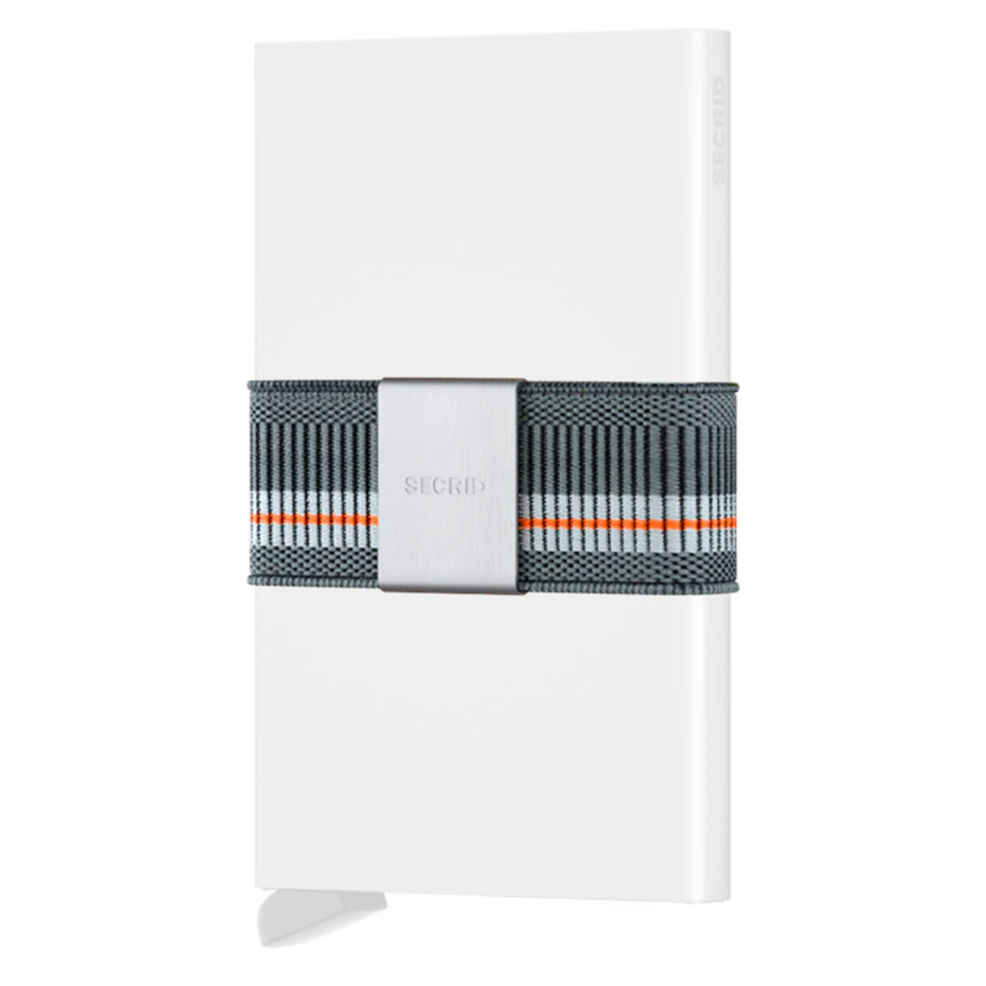 A three tone blue-grey, light blue, and orange elastic has a silver metal square attached.