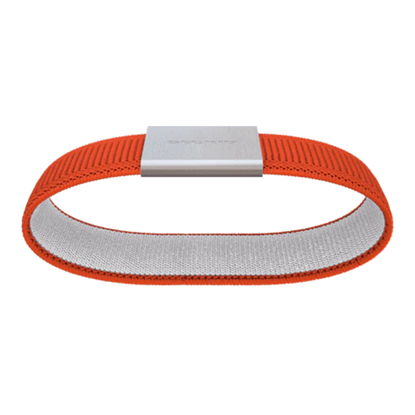 The solid orange elastic is pictured from below revealing the light grey lining. The silver metal buckle sits on the top of the loop.