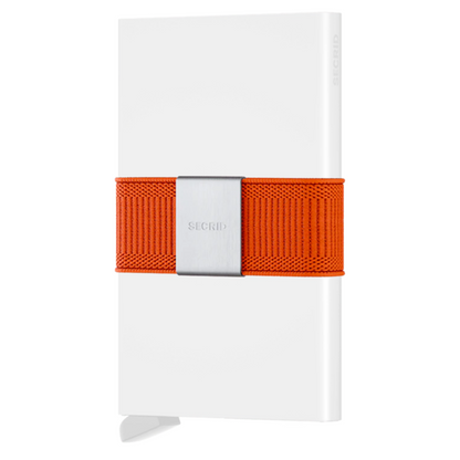 A solid orange elastic has a silver metal square buckle attached and is on a transparent card protector.