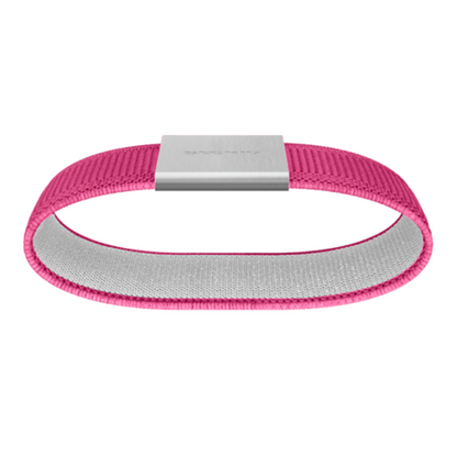 The pink band is pictured from below revealing the light grey lining. The silver metal buckle sits on the top of the loop.