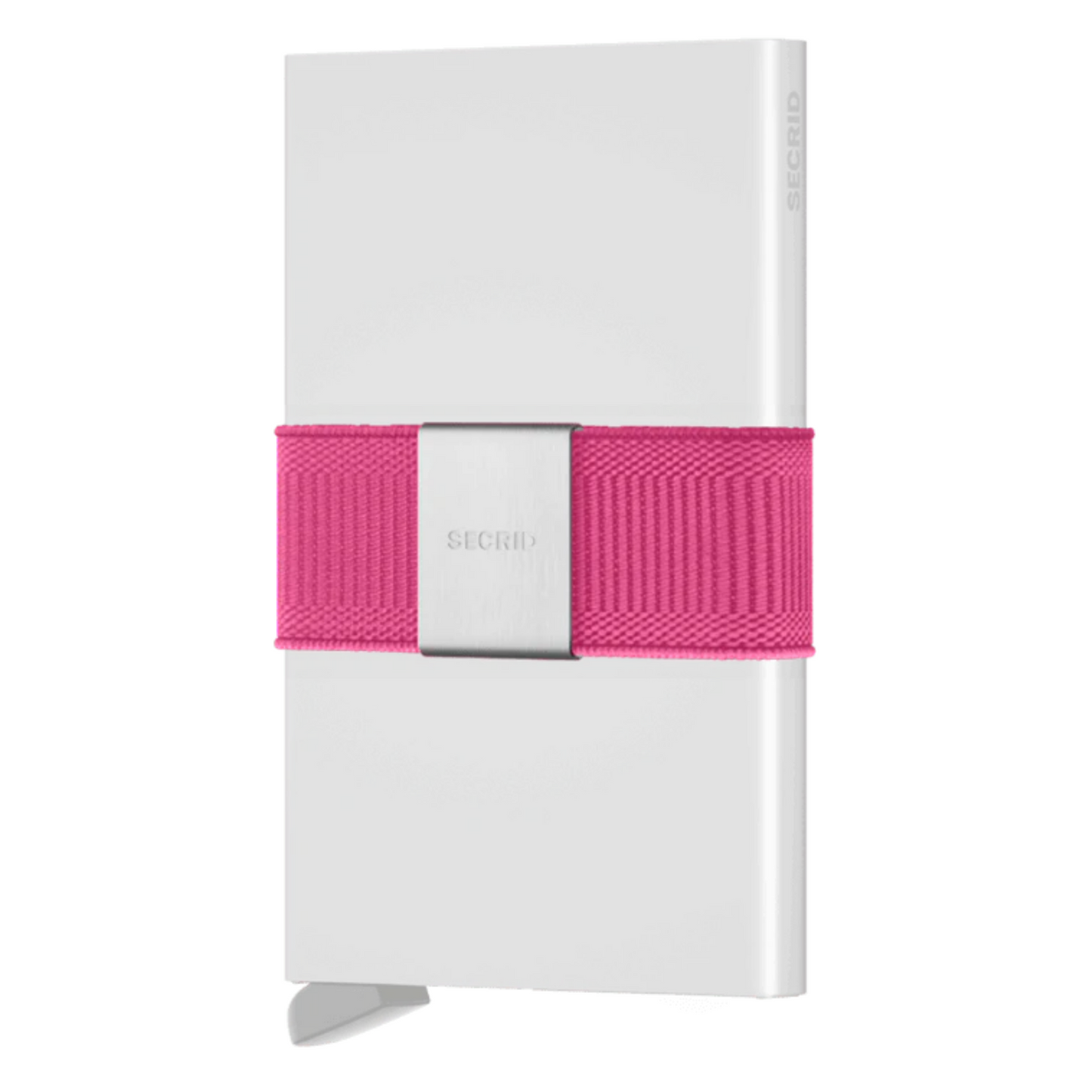 A solid pink thick elastic band has a silver metal square attached.