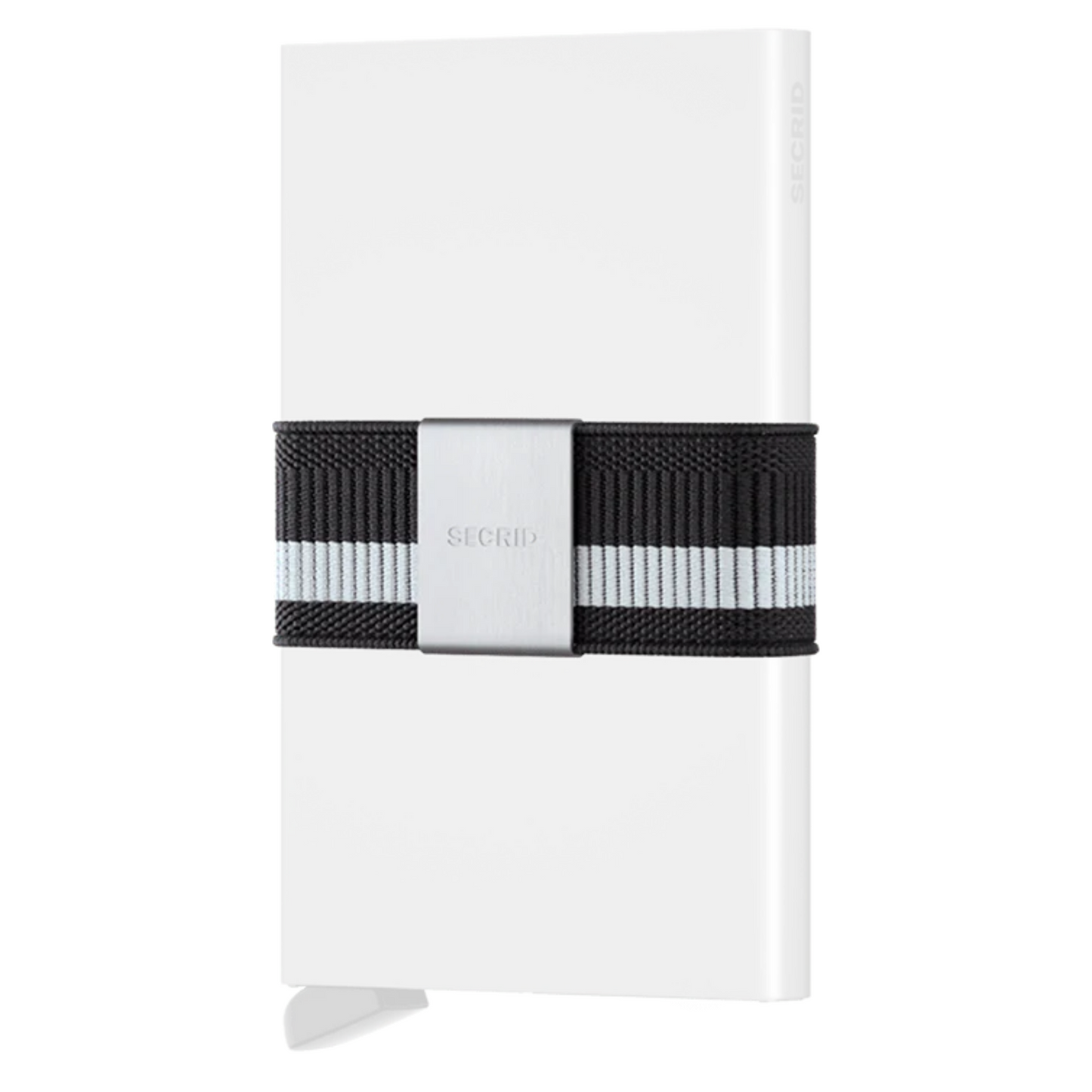 A black and white thick elastic band has a silver metal square attached.