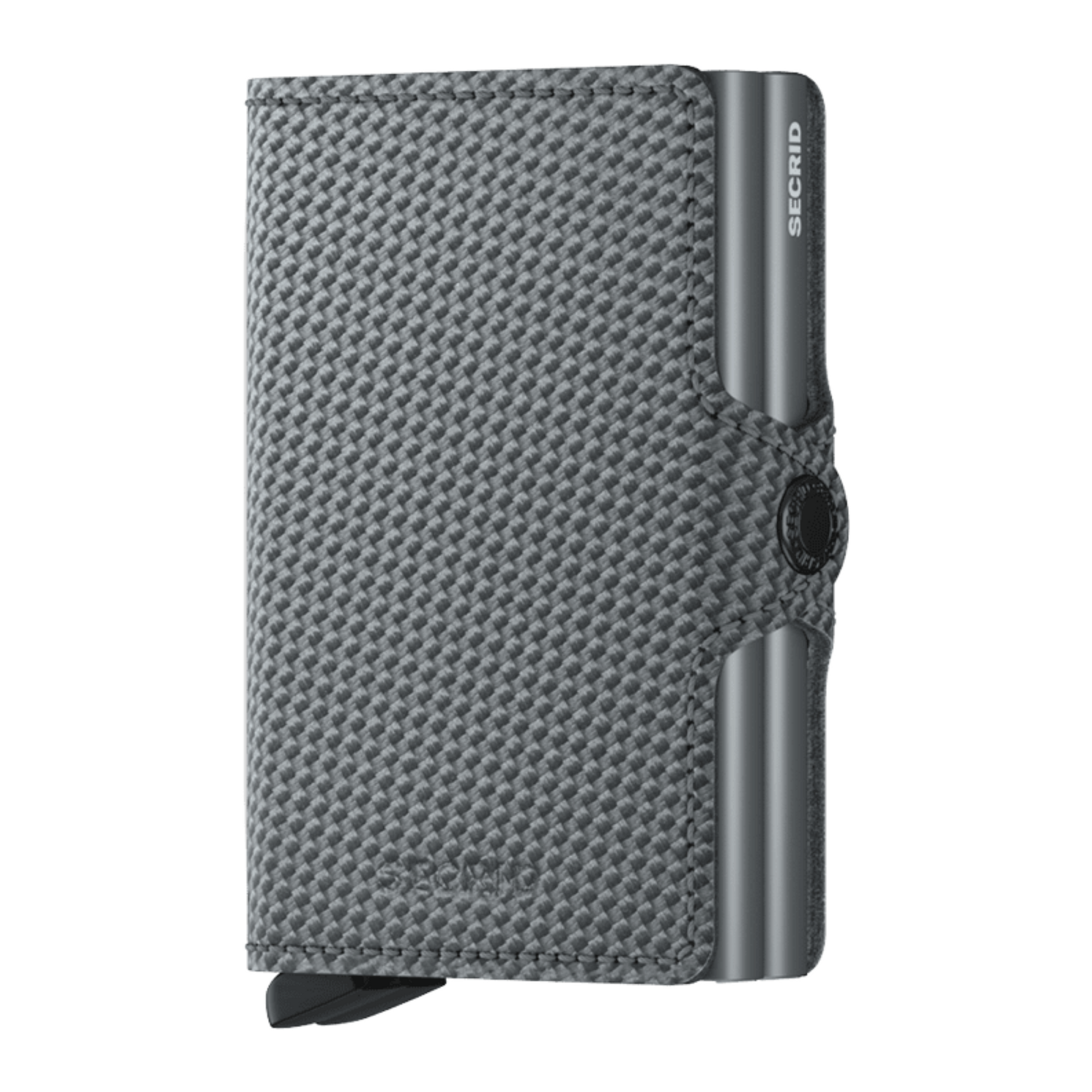 A geometric patterned carbon fibre grey wallet features two inner metallic grey cardholders.